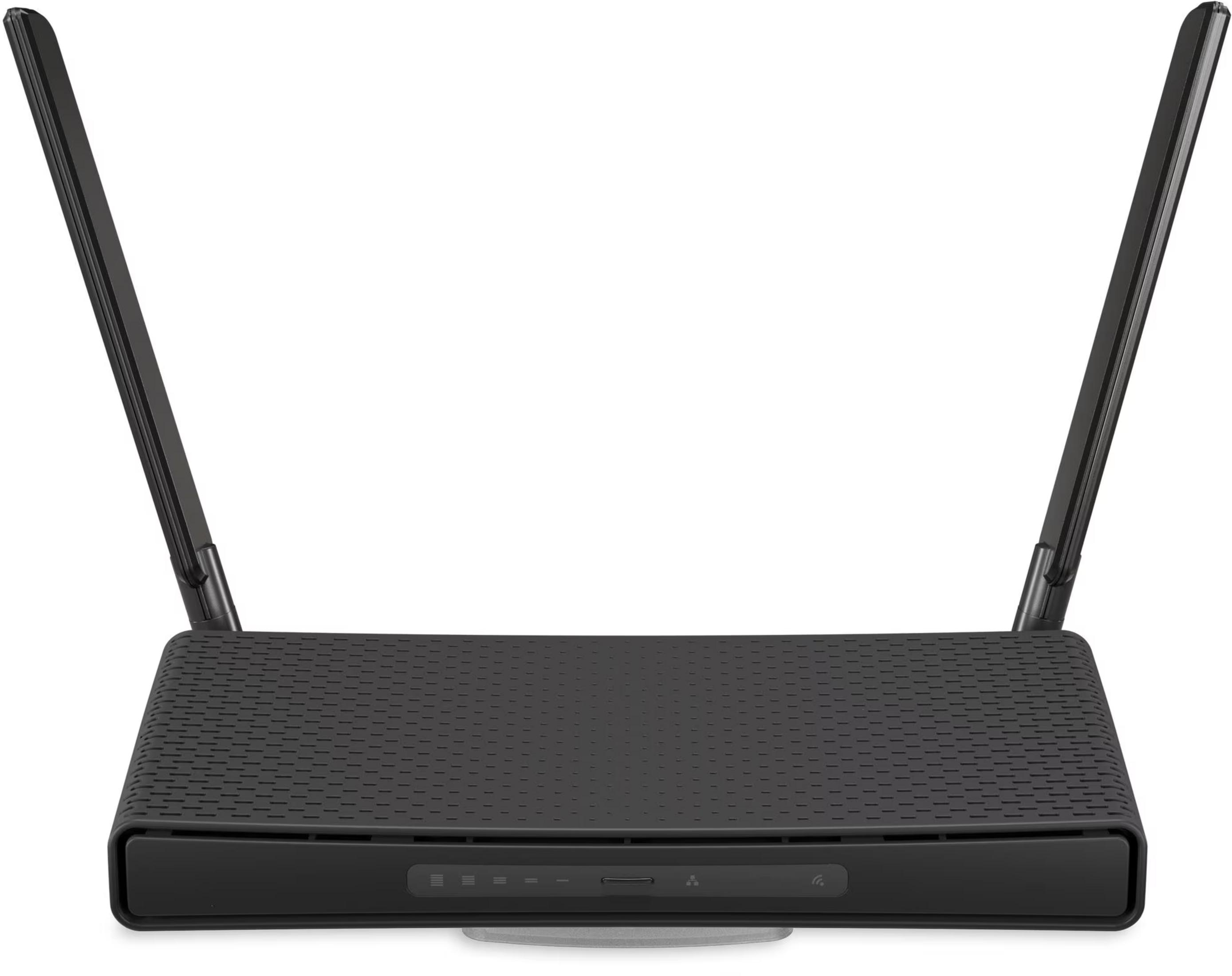 Czarny router z dwiema antenami, na białym tle.