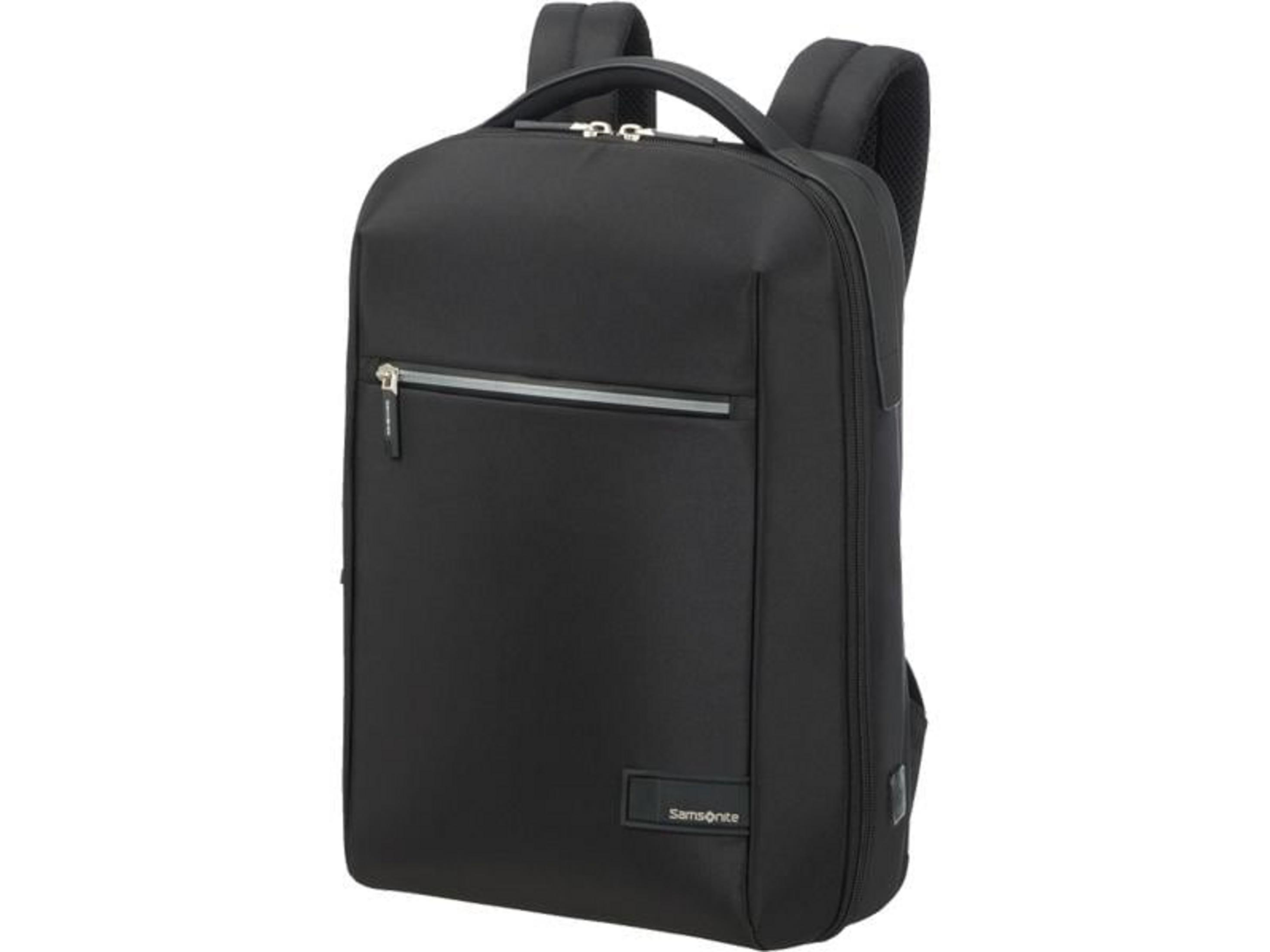 Schwarzer Rucksack mit Reißverschlussfach vorne und Samsonite-Logo.