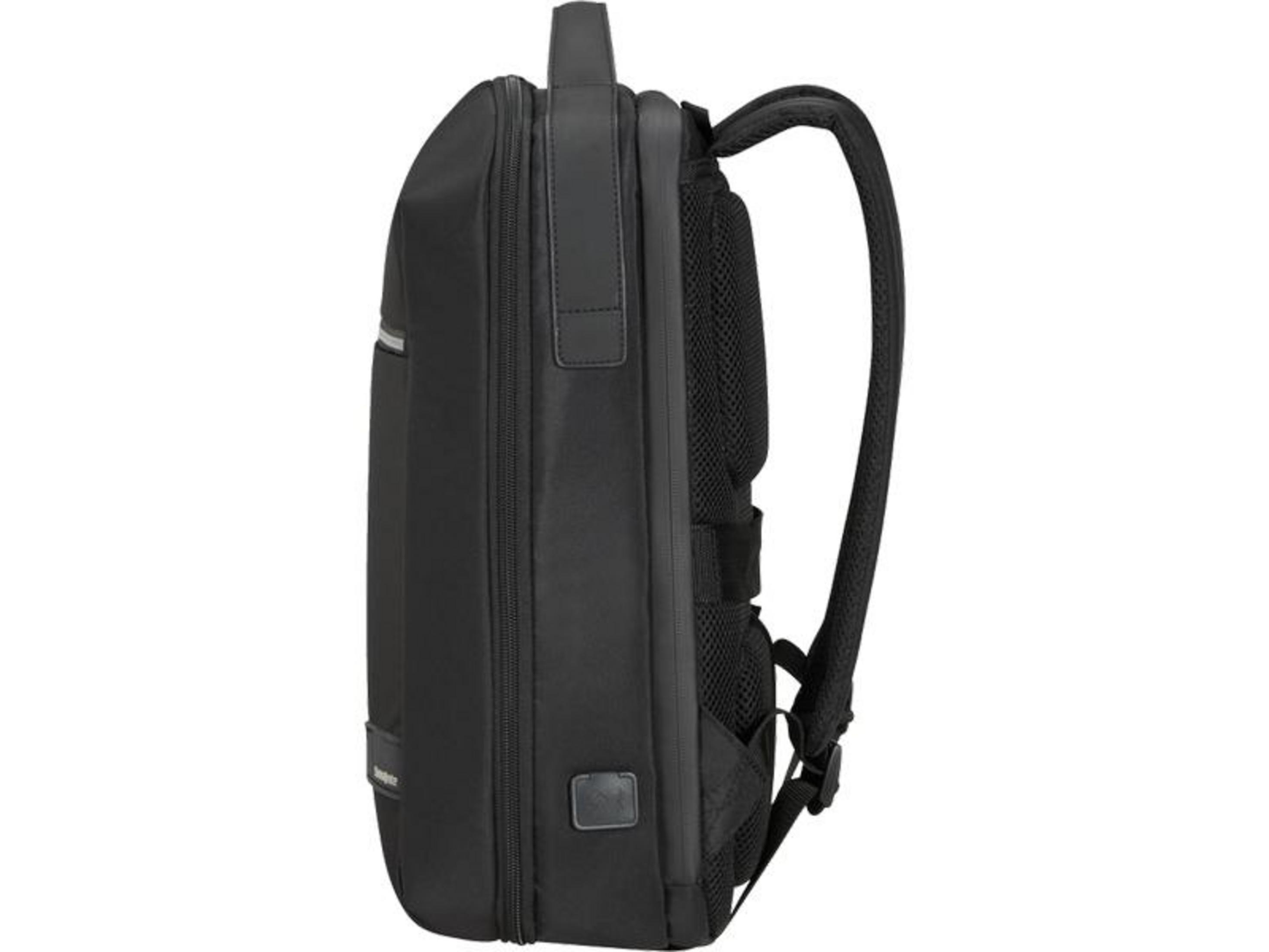Schwarzer Rucksack mit gepolsterten Trägern und Mesh-Rücken.