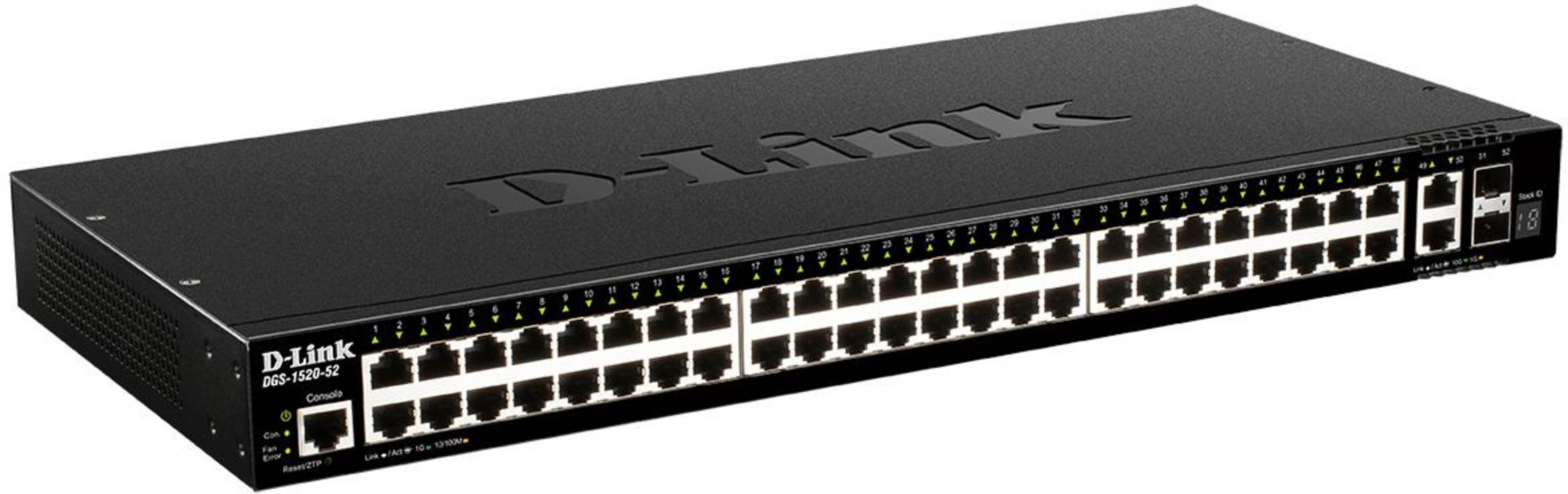 Uno switch di rete D-Link nero con 48 porte e spie di stato.
