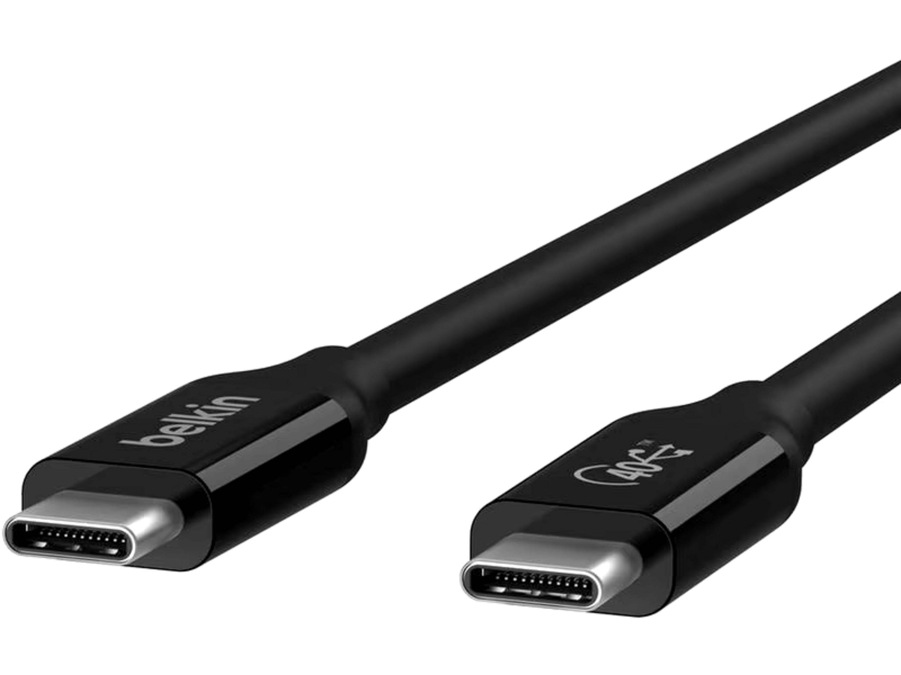 Een zwarte USB-C-kabel met Belkin-logo en 40 Gbps-symbool.