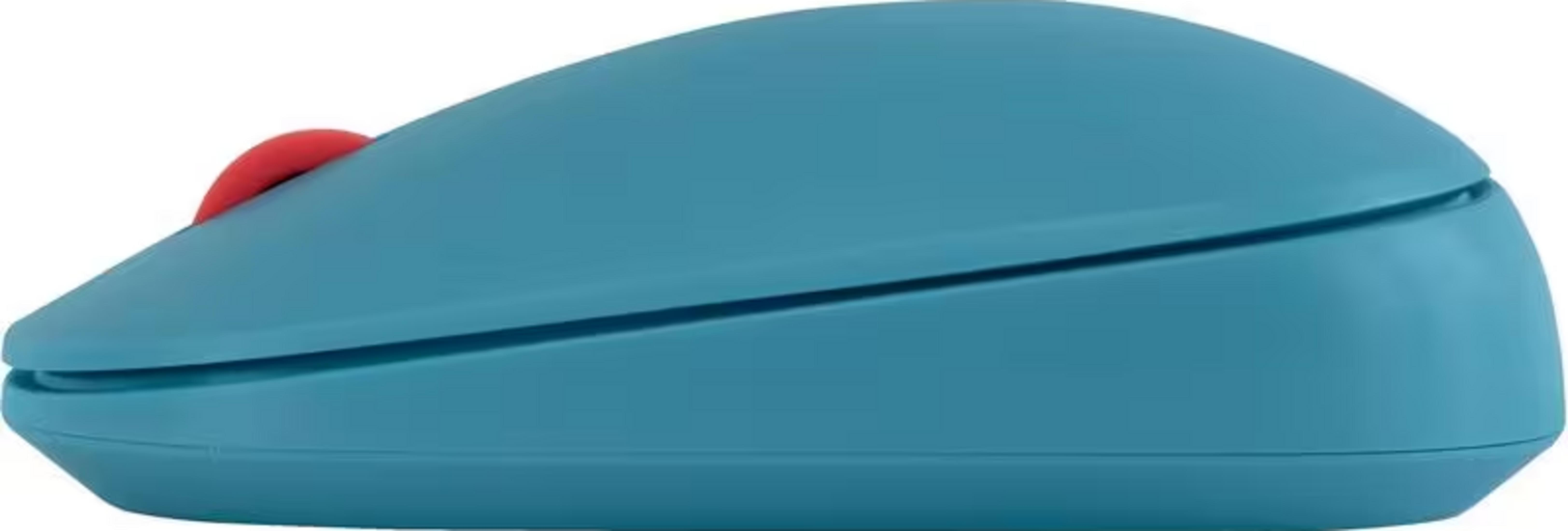 Niebieska mysz komputerowa z czerwonym kółkiem przewijania, widziana z boku.