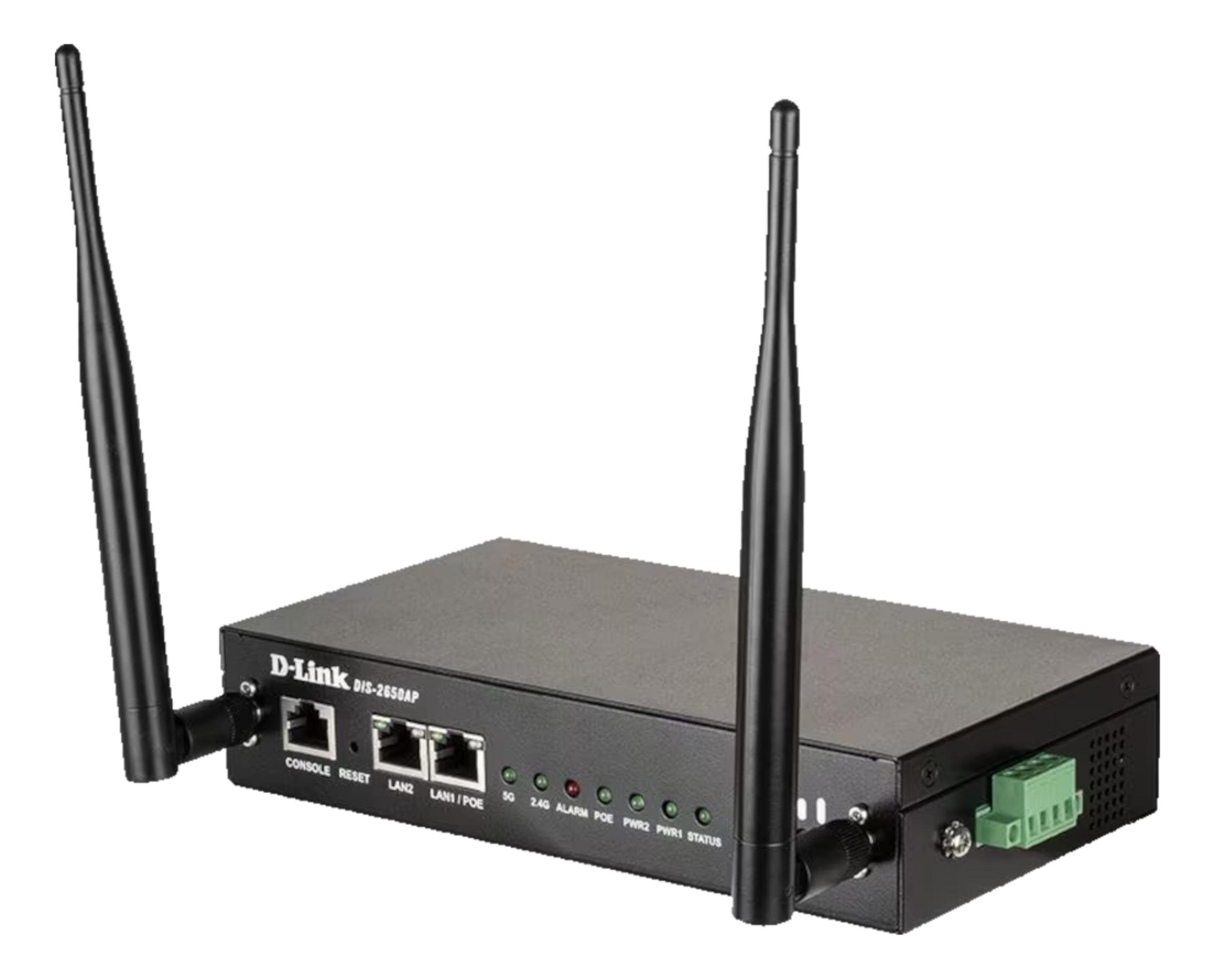 Czarny router D-Link z dwiema antenami i wieloma diodami.