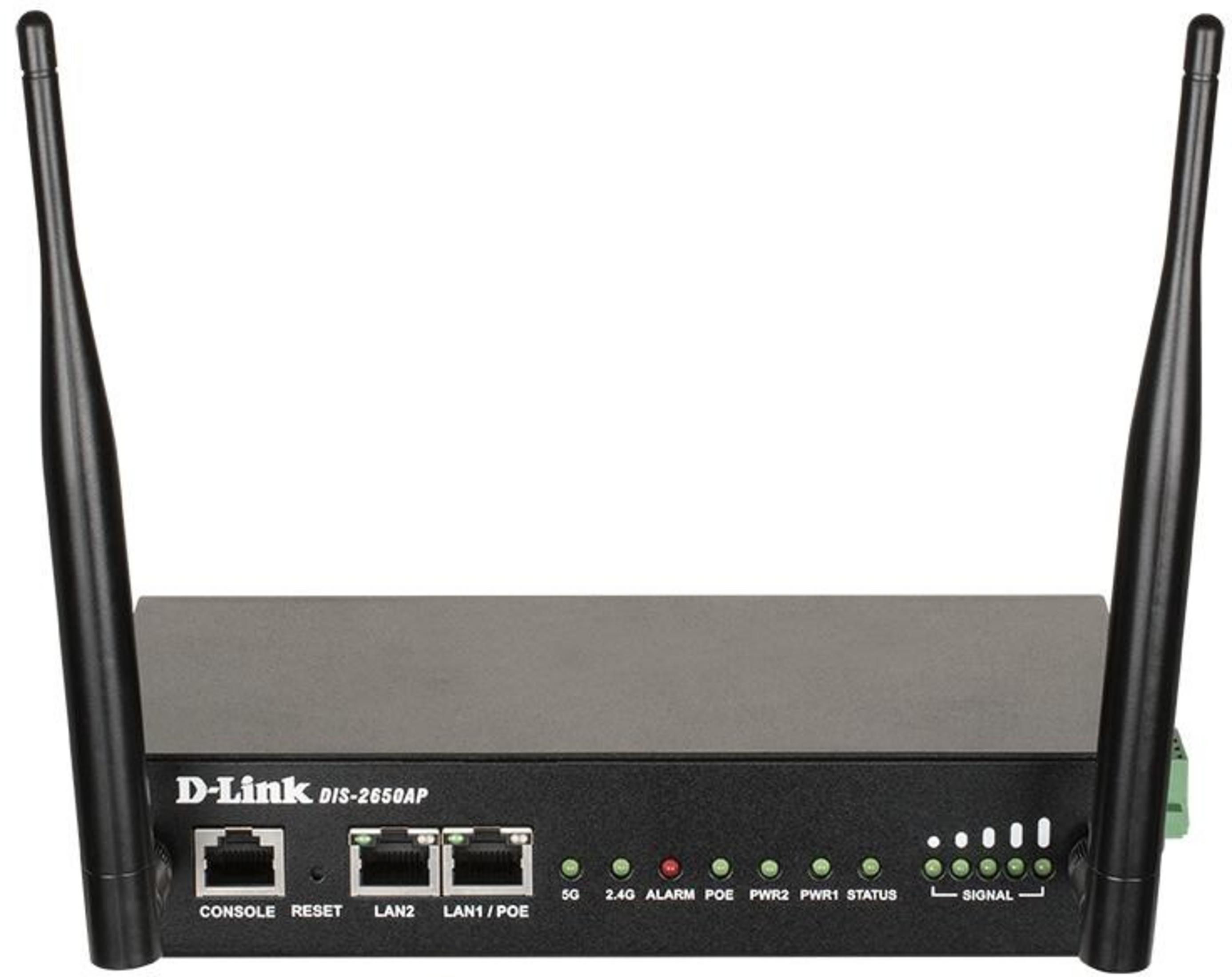 Punkt dostępowy D-Link z dwiema antenami, portami Ethernet i diodami statusu.