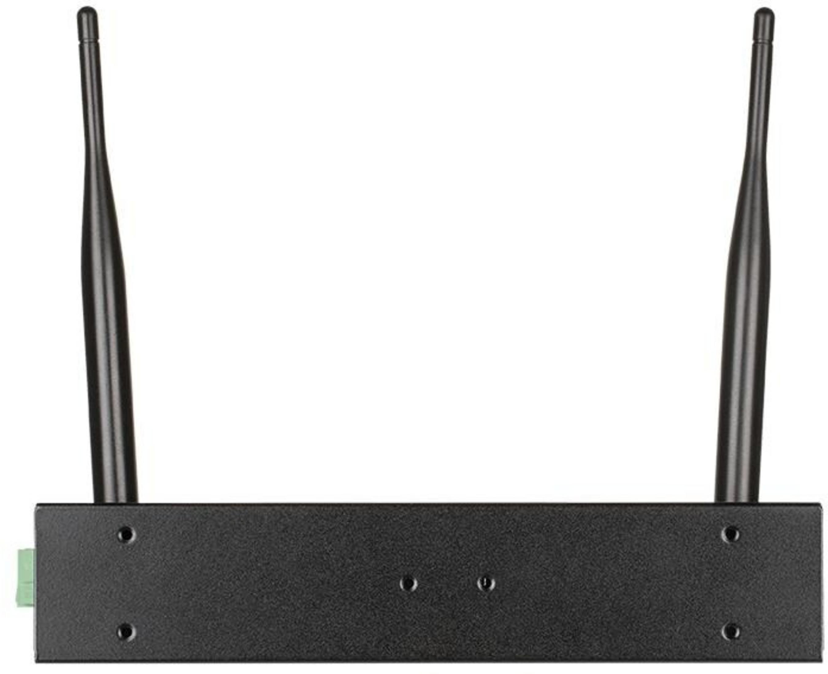 Czarne urządzenie z dwiema antenami i zielonym złączem.