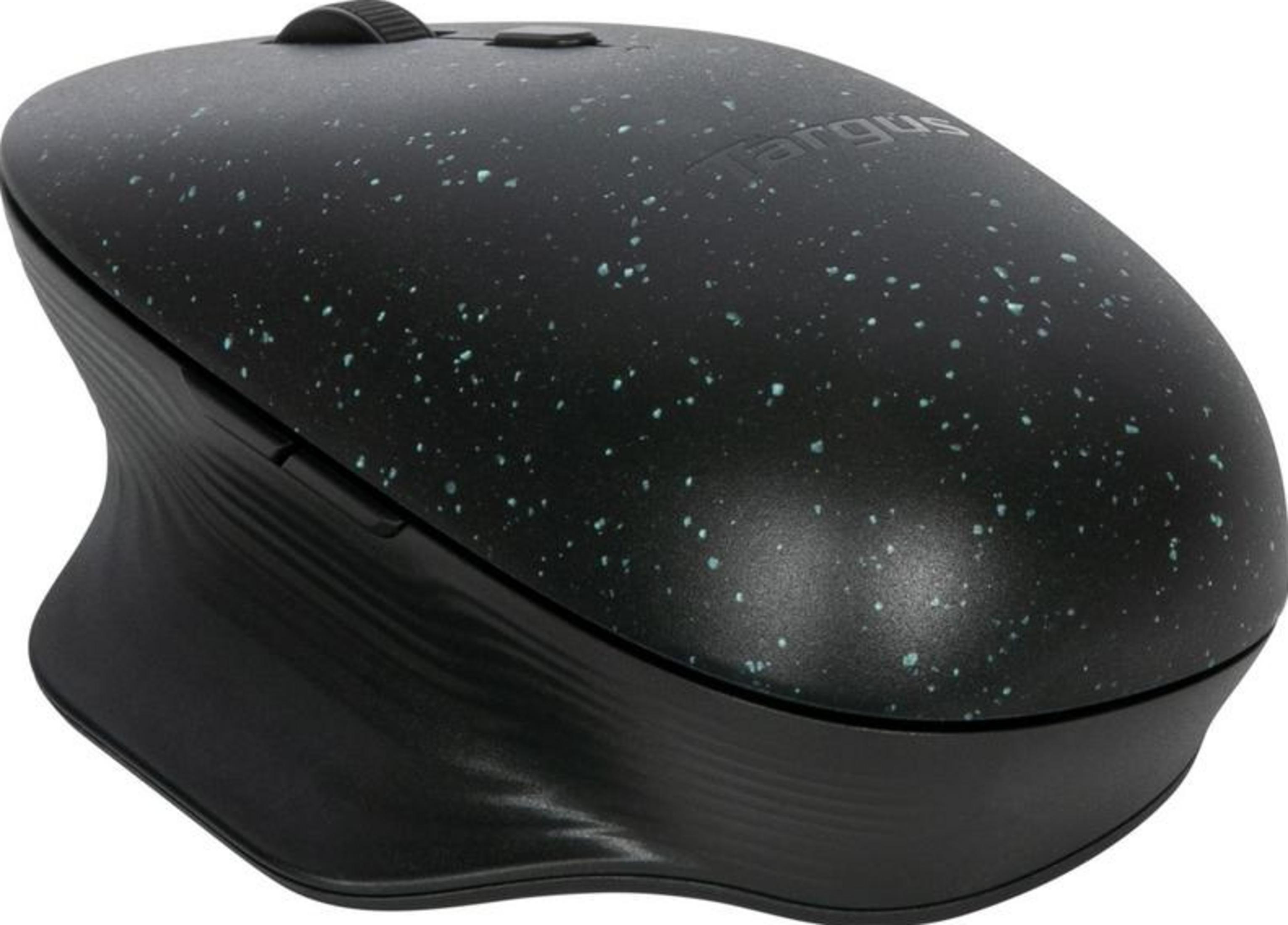 Czarna mysz komputerowa z turkusowymi cętkami i kółkiem.