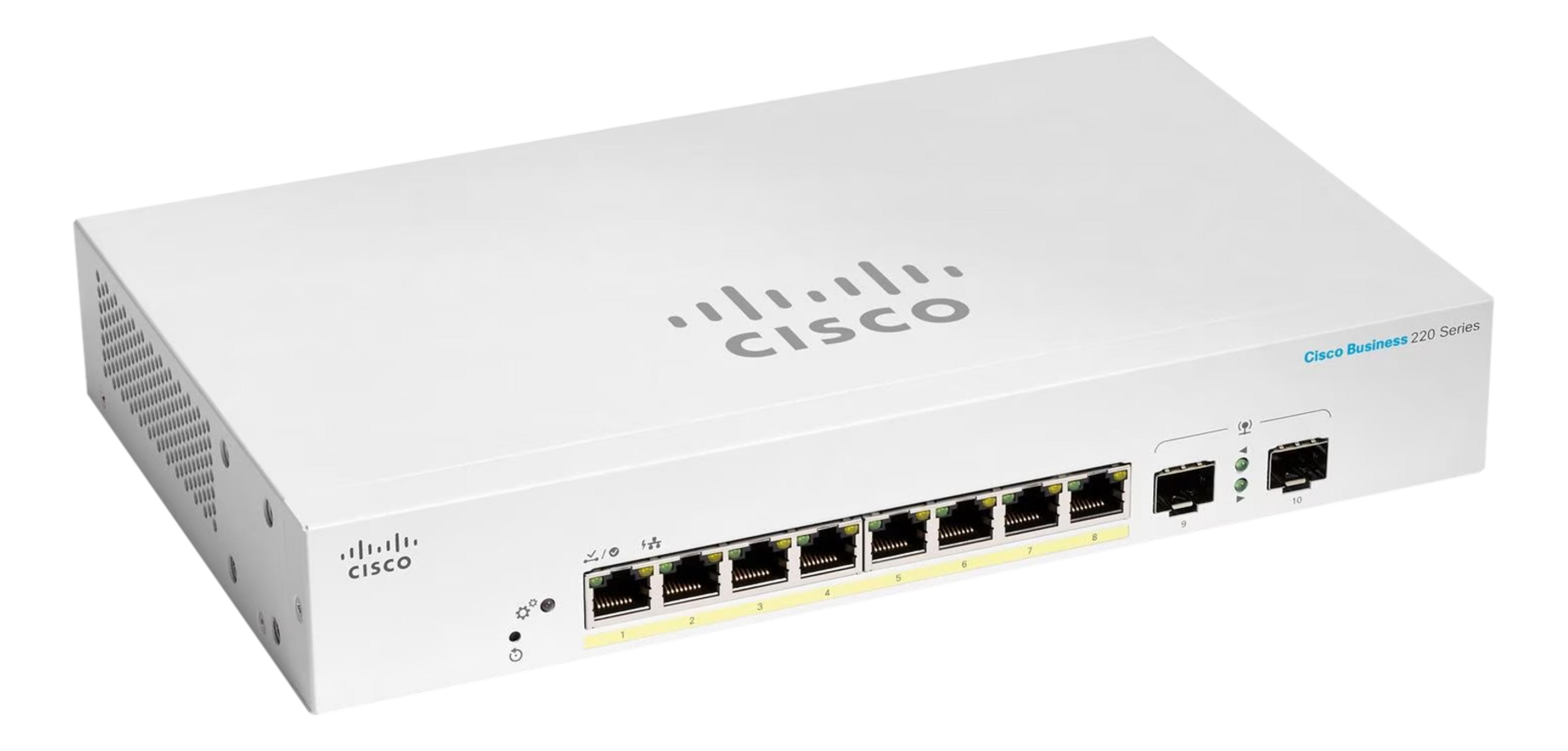 Uno switch Cisco Business 220 Series bianco con 10 porte su sfondo bianco.