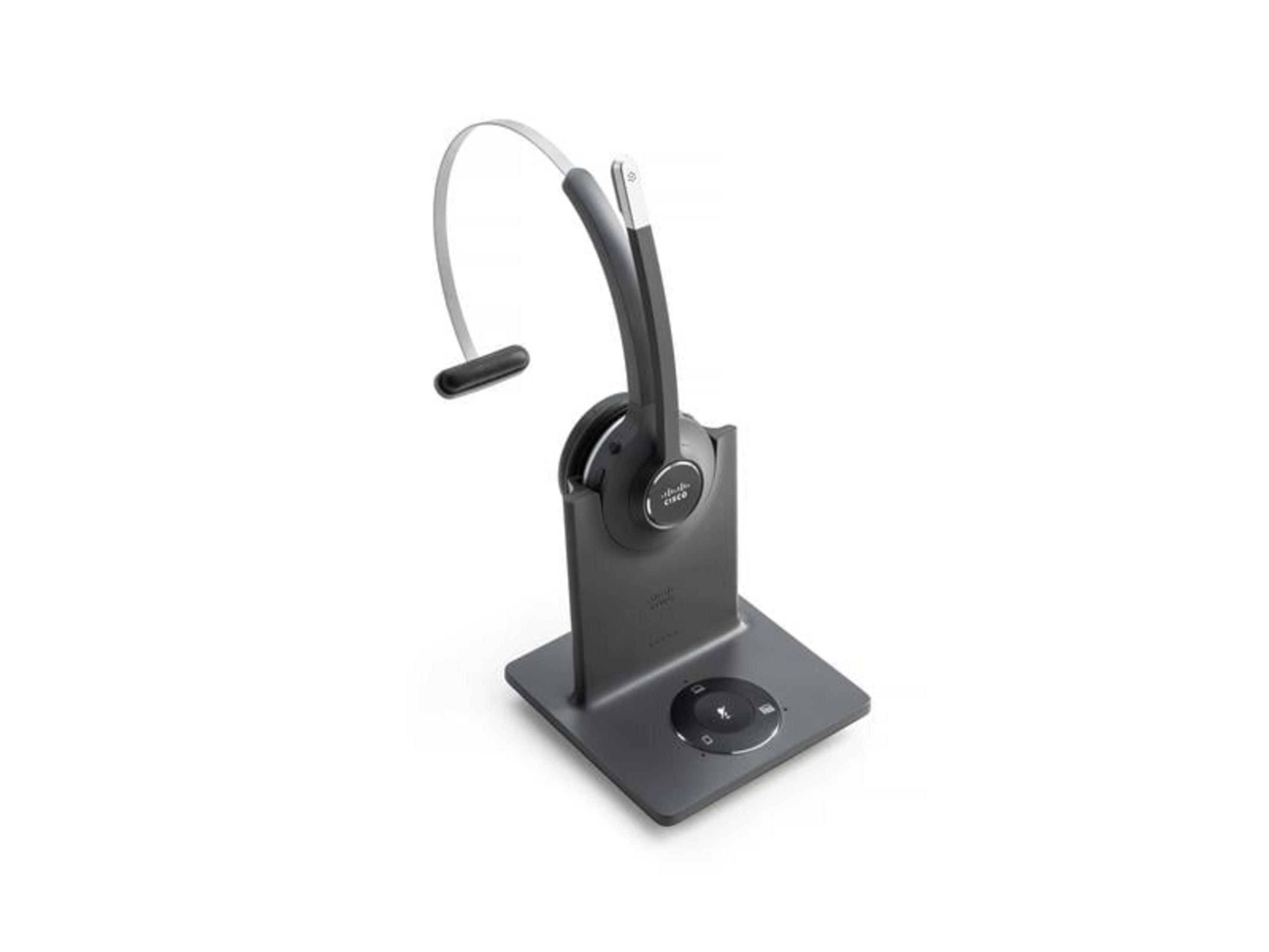 Ein schwarzes Headset mit Mikrofon auf einem Ladeständer.