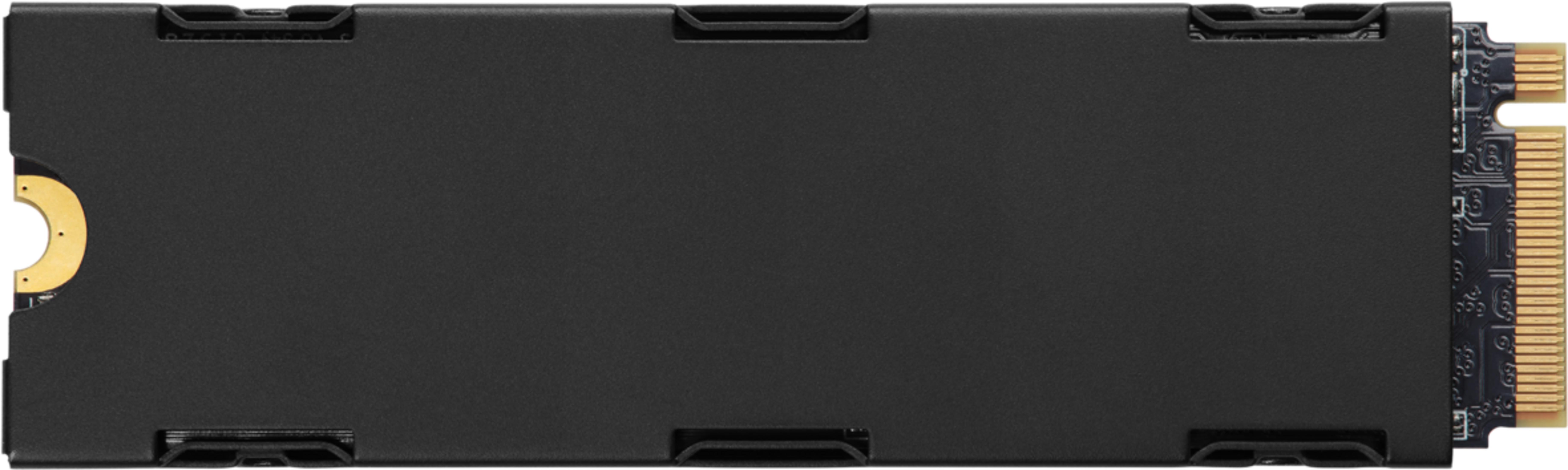 Czarny dysk SSD M.2 ze złotym złączem i śladami obwodów.