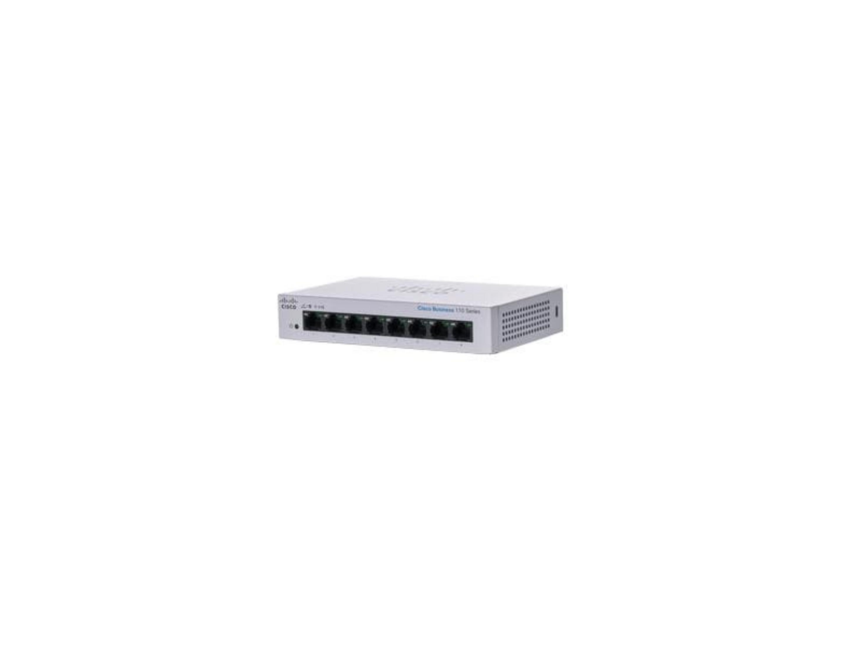 Biały 8-portowy przełącznik Gigabit Cisco Business 110 Series.