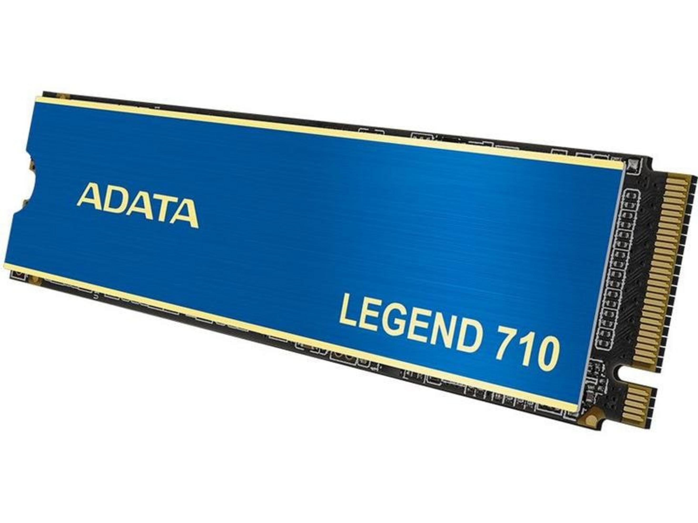 Niebieski dysk SSD ADATA LEGEND 710 ze złotymi złączami.