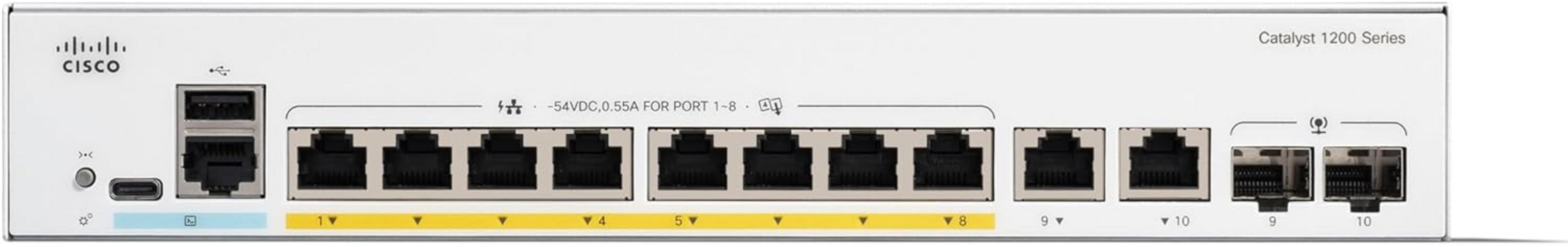 Biały przełącznik Cisco Catalyst 1200 Series z 8 portami Ethernet, USB i zasilaniem.