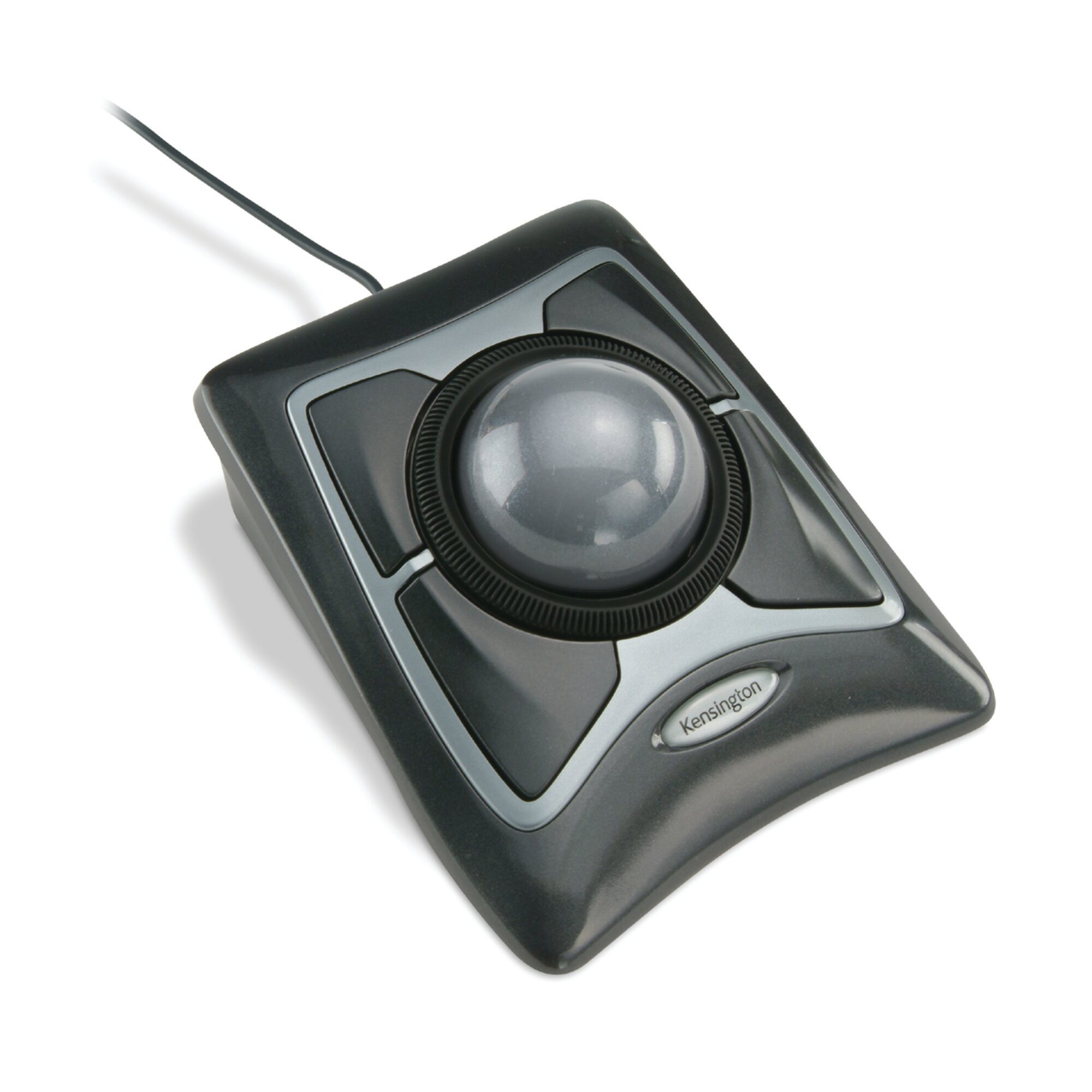 A gray Kensington trackball with a black cable on a white background.