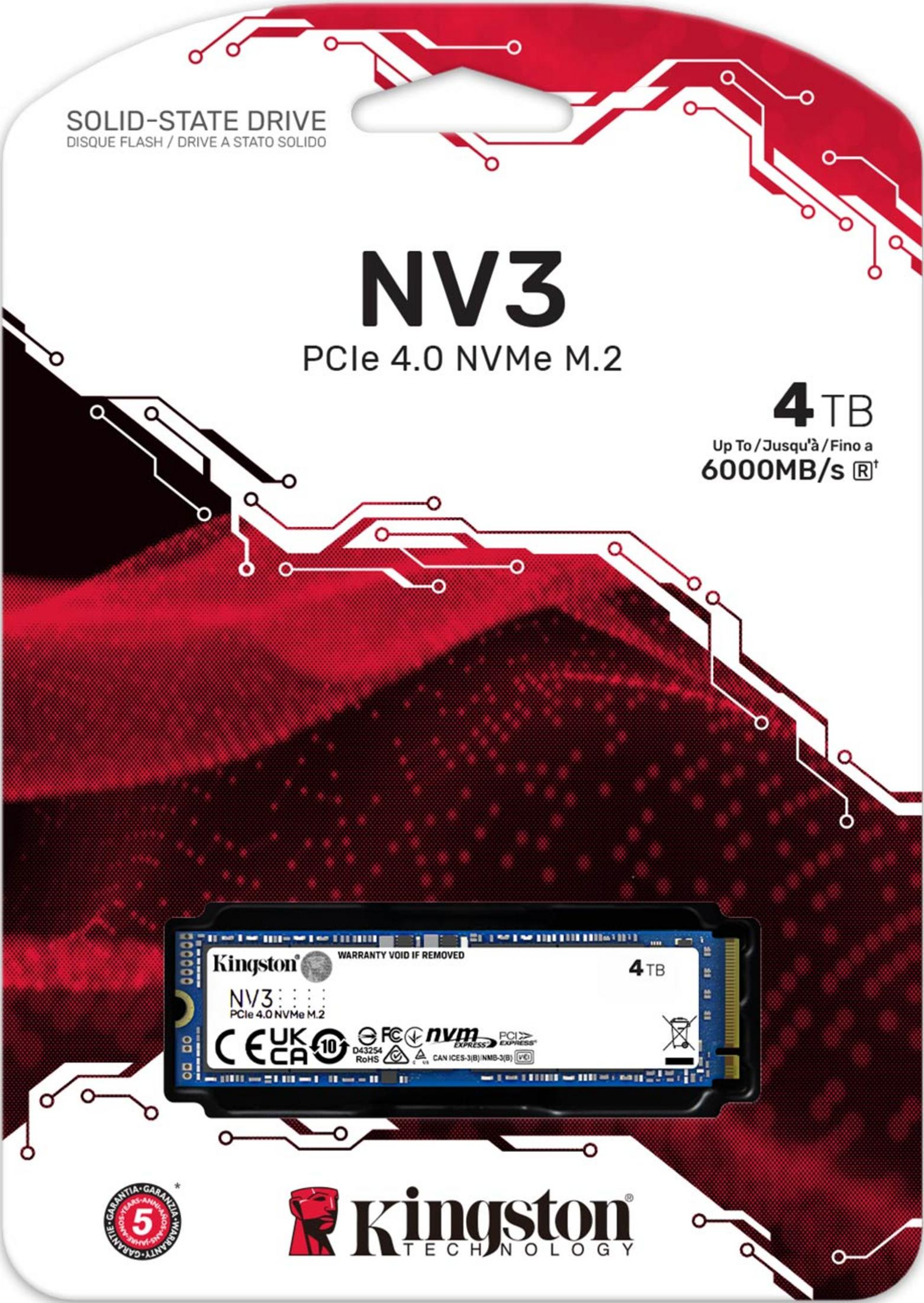 Opakowanie dysku Kingston NV3 4TB M.2 NVMe z czerwonym wzorem obwodu.