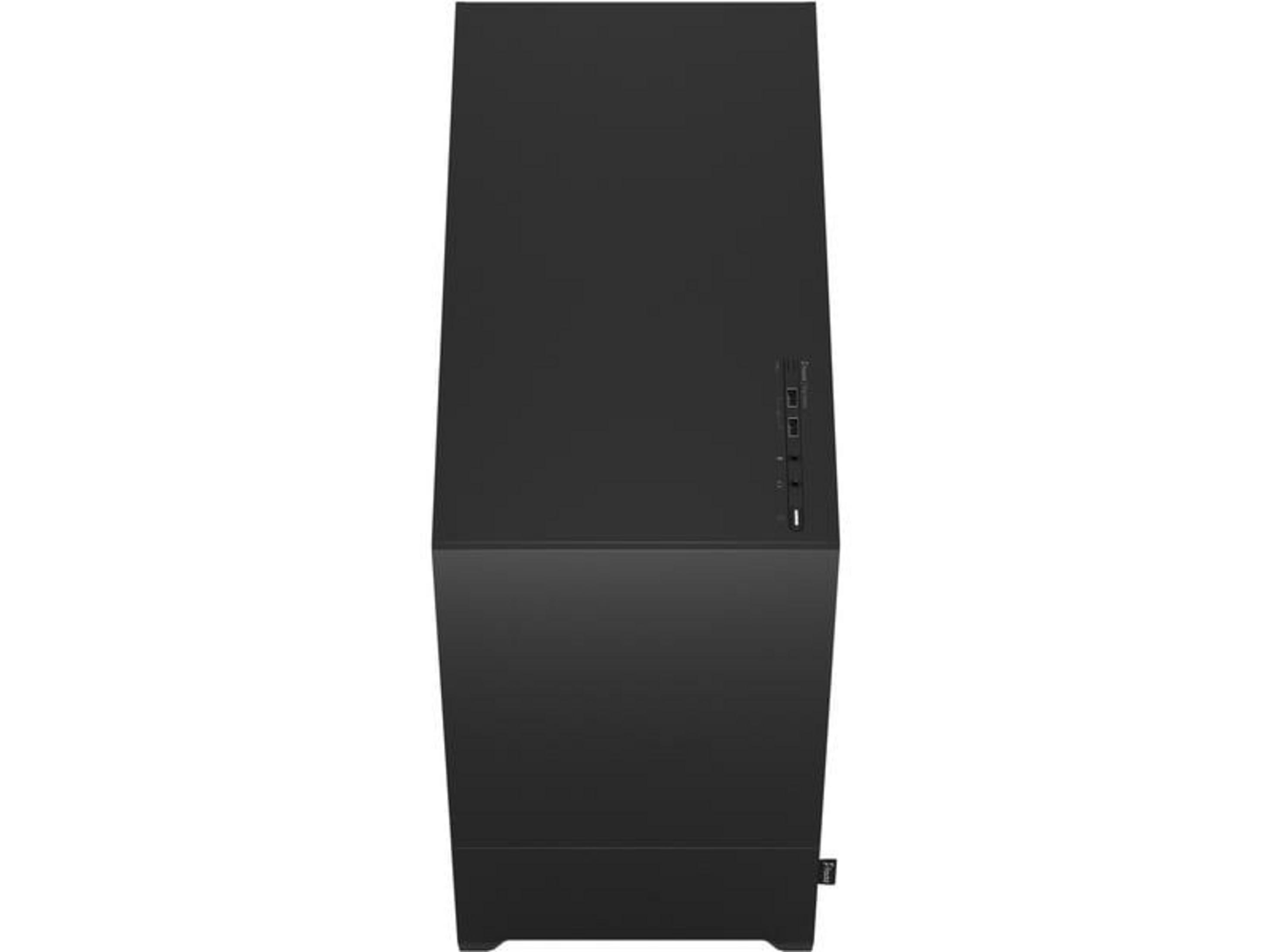 Black computer case with ports on the side.