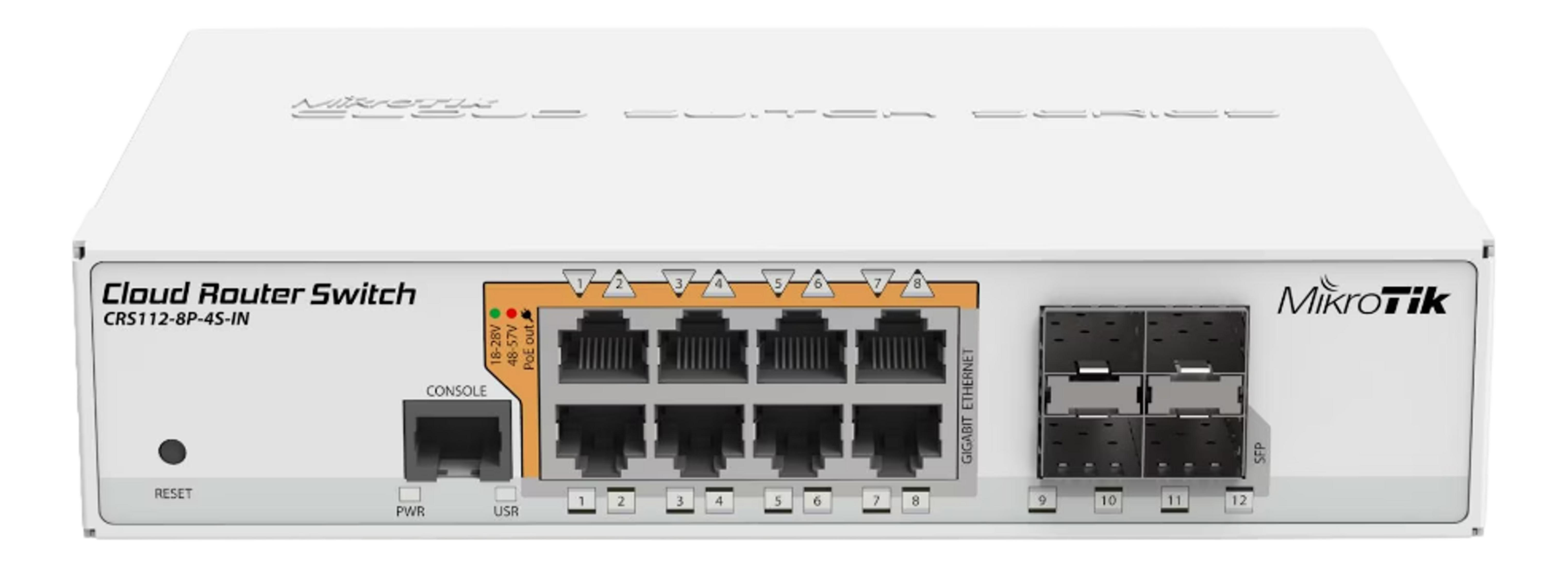 Biały MikroTik Cloud Router Switch z 8 portami Gigabit Ethernet i 4 portami SFP.