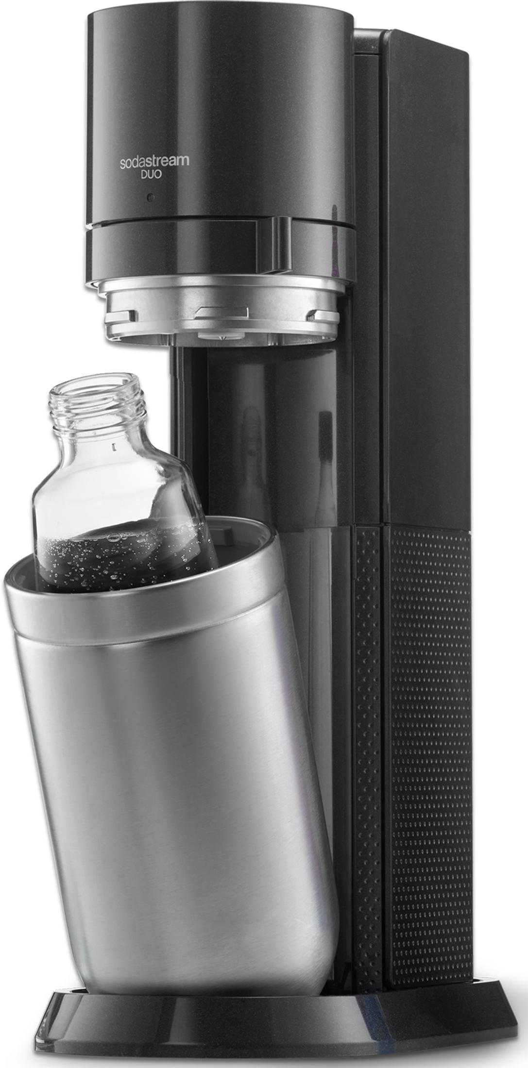 Una macchina per soda Sodastream DUO nera con portabottiglie argentato.