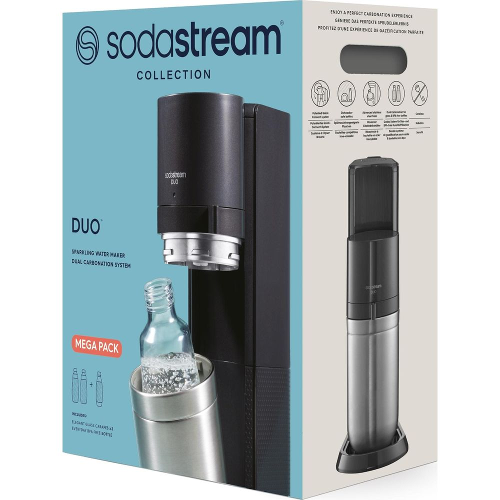 Una macchina per l'acqua Sodastream Duo con caraffe e bottiglia.