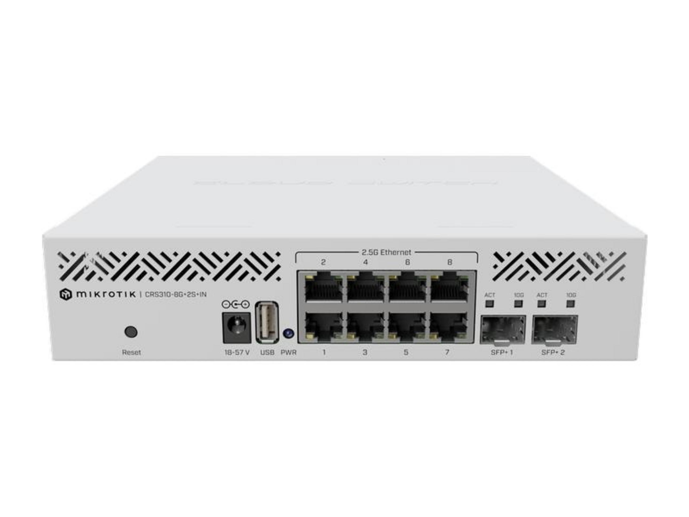 Biały przełącznik sieciowy Mikrotik z 8 portami Ethernet i 2 portami SFP+.