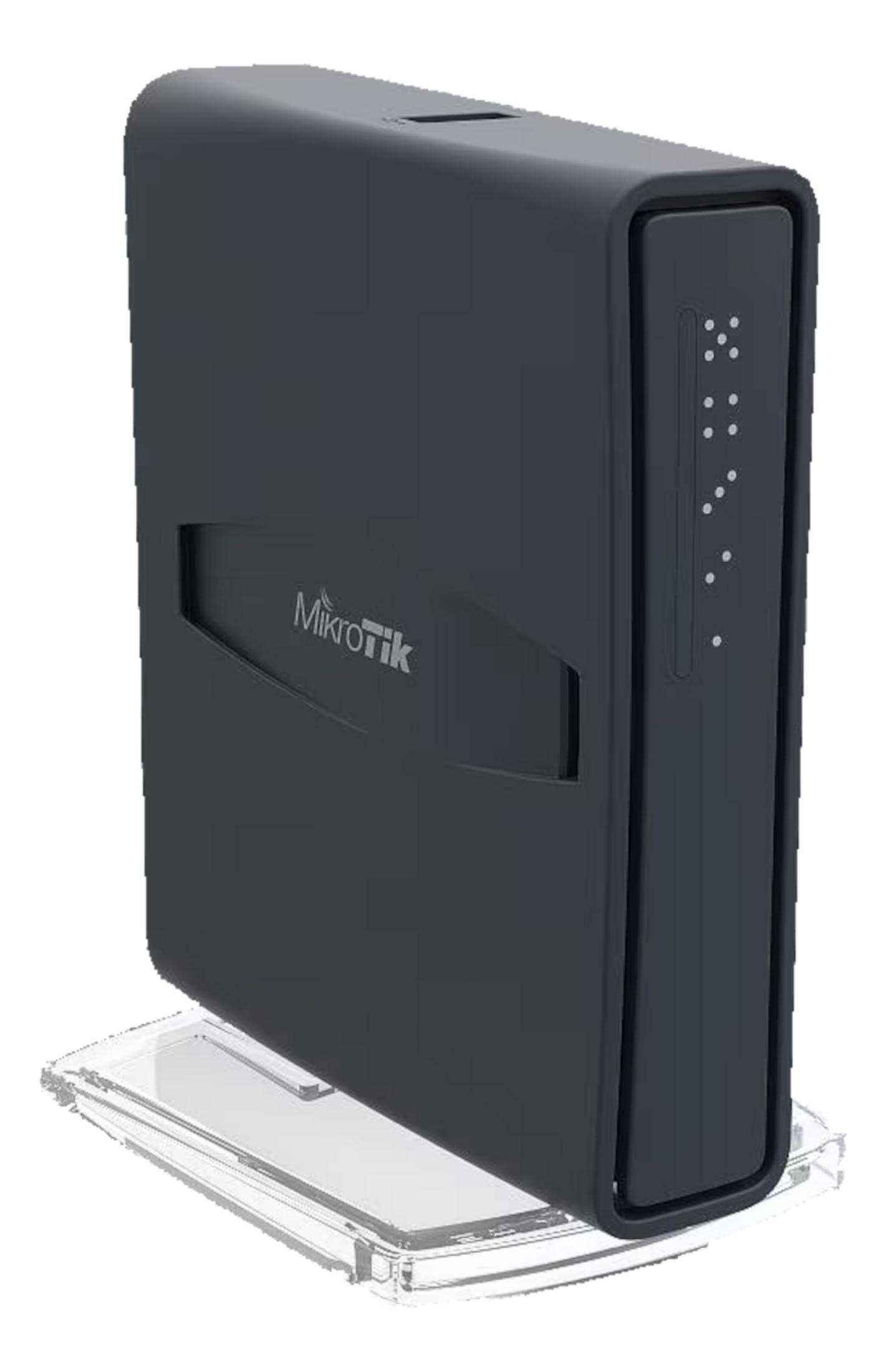 Czarny router Mikrotik stoi na przezroczystej podstawie.