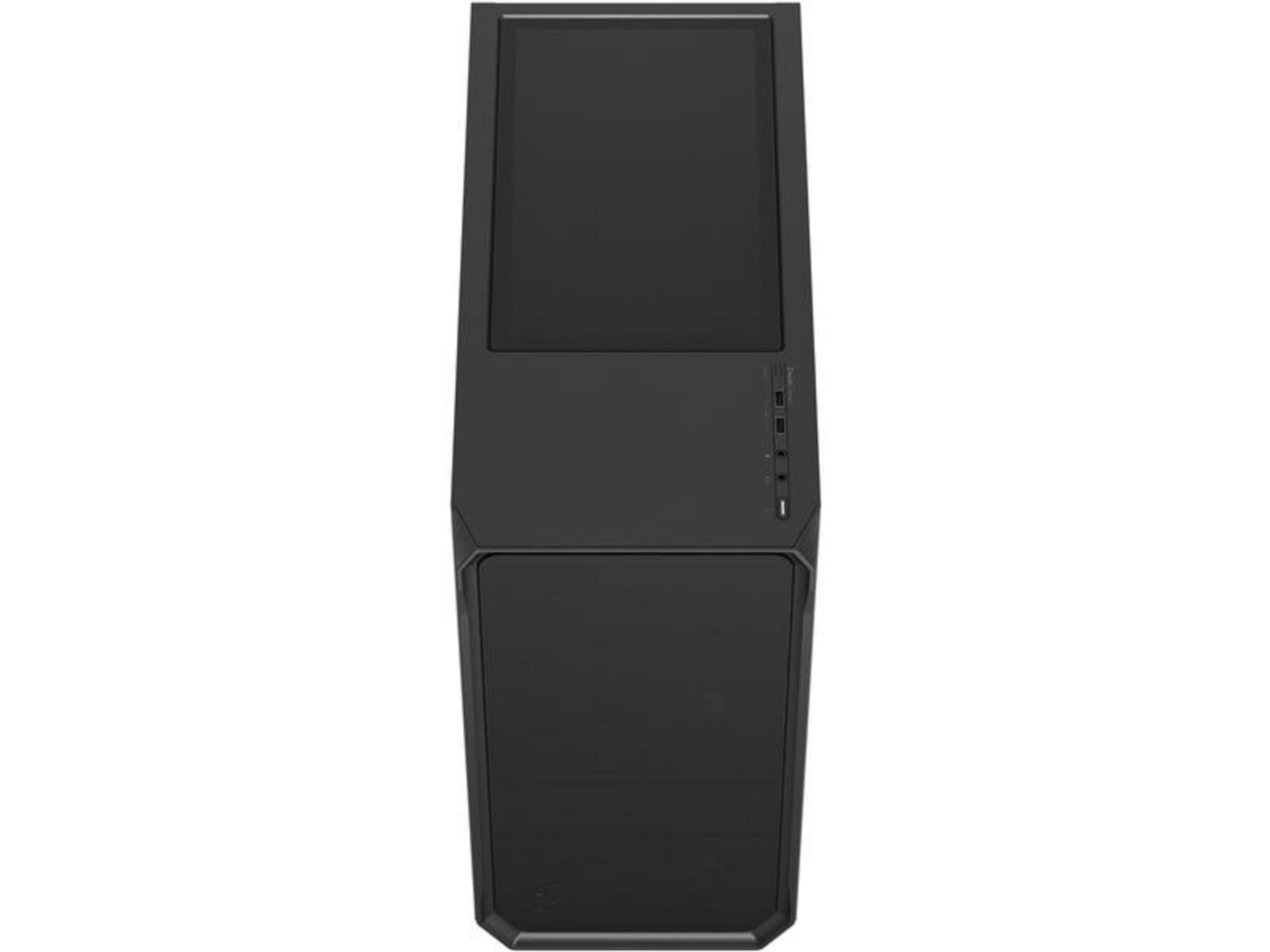 Schwarzes Computergehäuse mit glatter Oberfläche und Bedientasten.