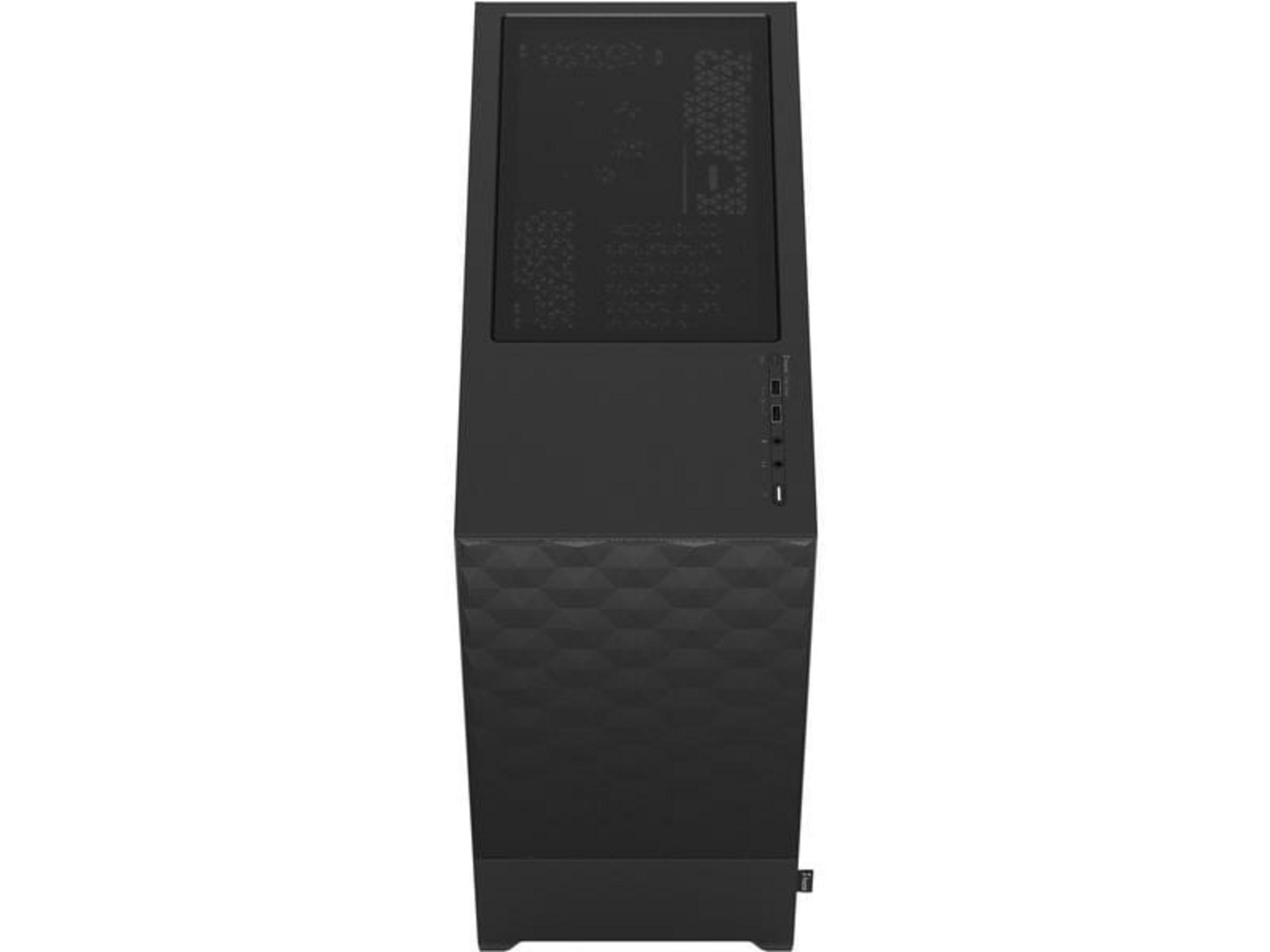 A black computer tower with a hexagonal pattern at the bottom and ventilation slits at the top.
