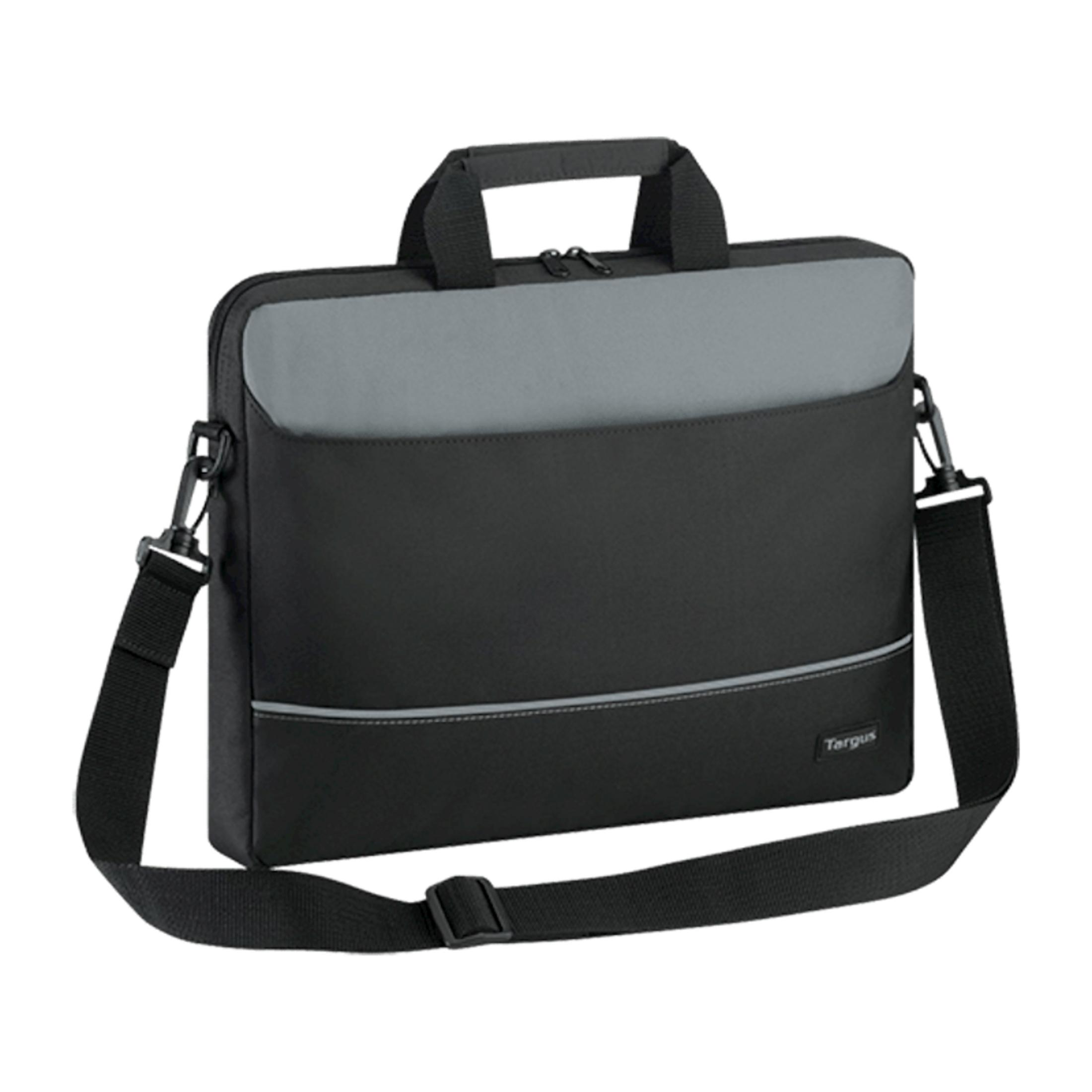 Borsa nera e grigia per laptop con manico e tracolla.