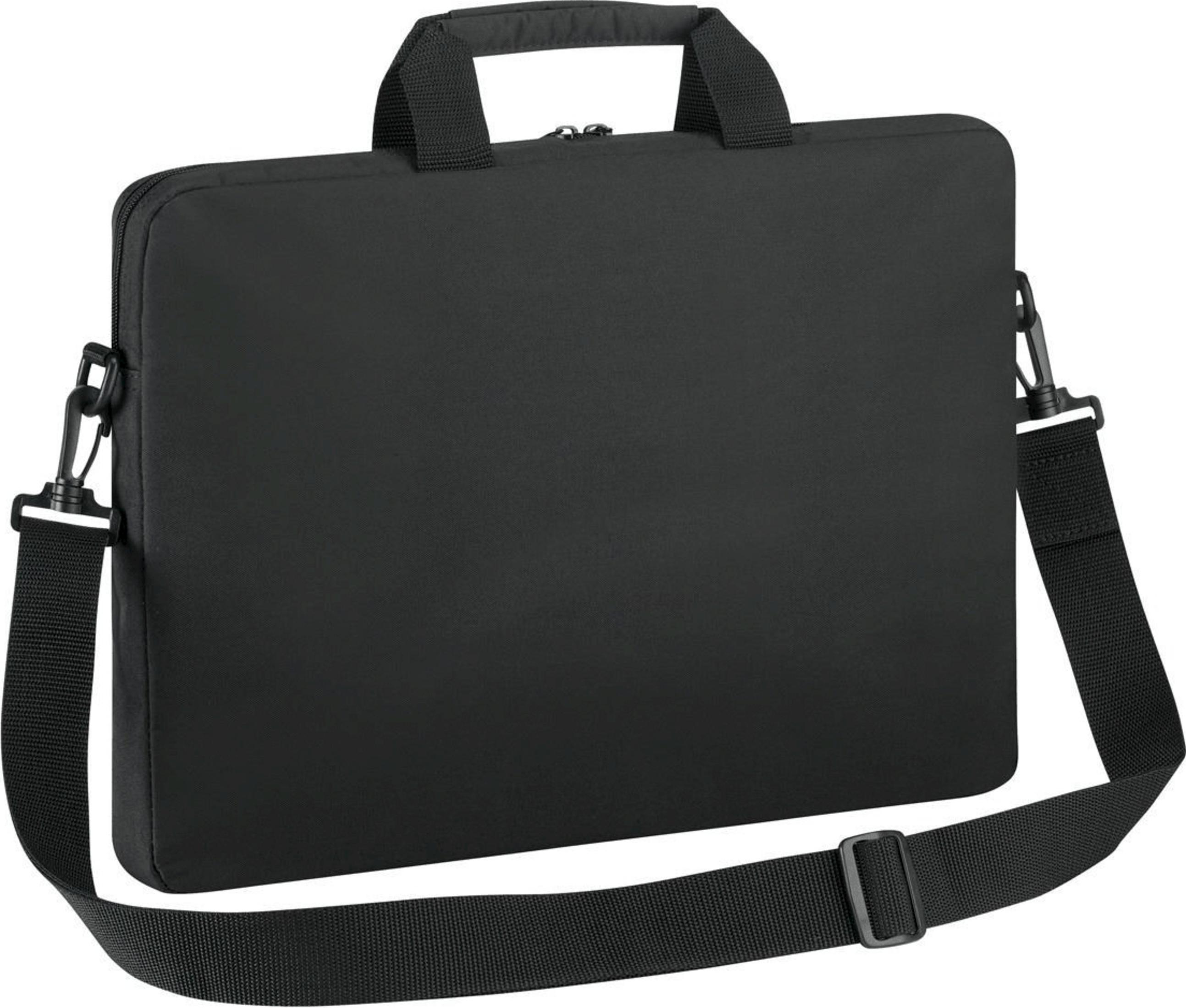 Borsa nera per laptop con manici e tracolla.