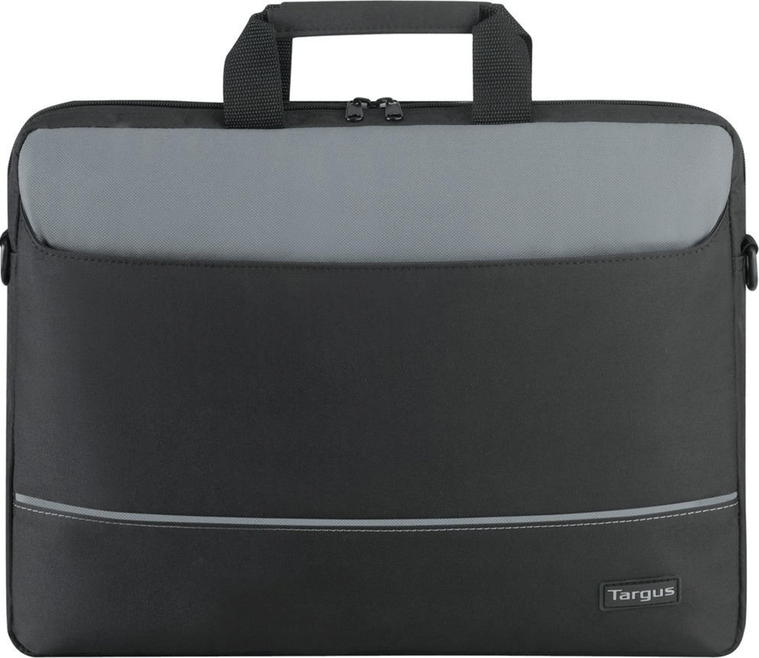 Borsa per laptop nera e grigia con manici e chiusura a zip.