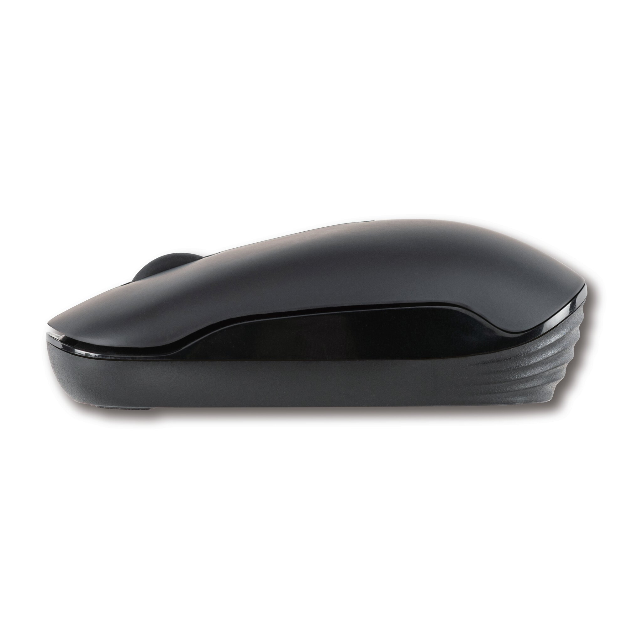 A black wireless computer mouse on a white background.