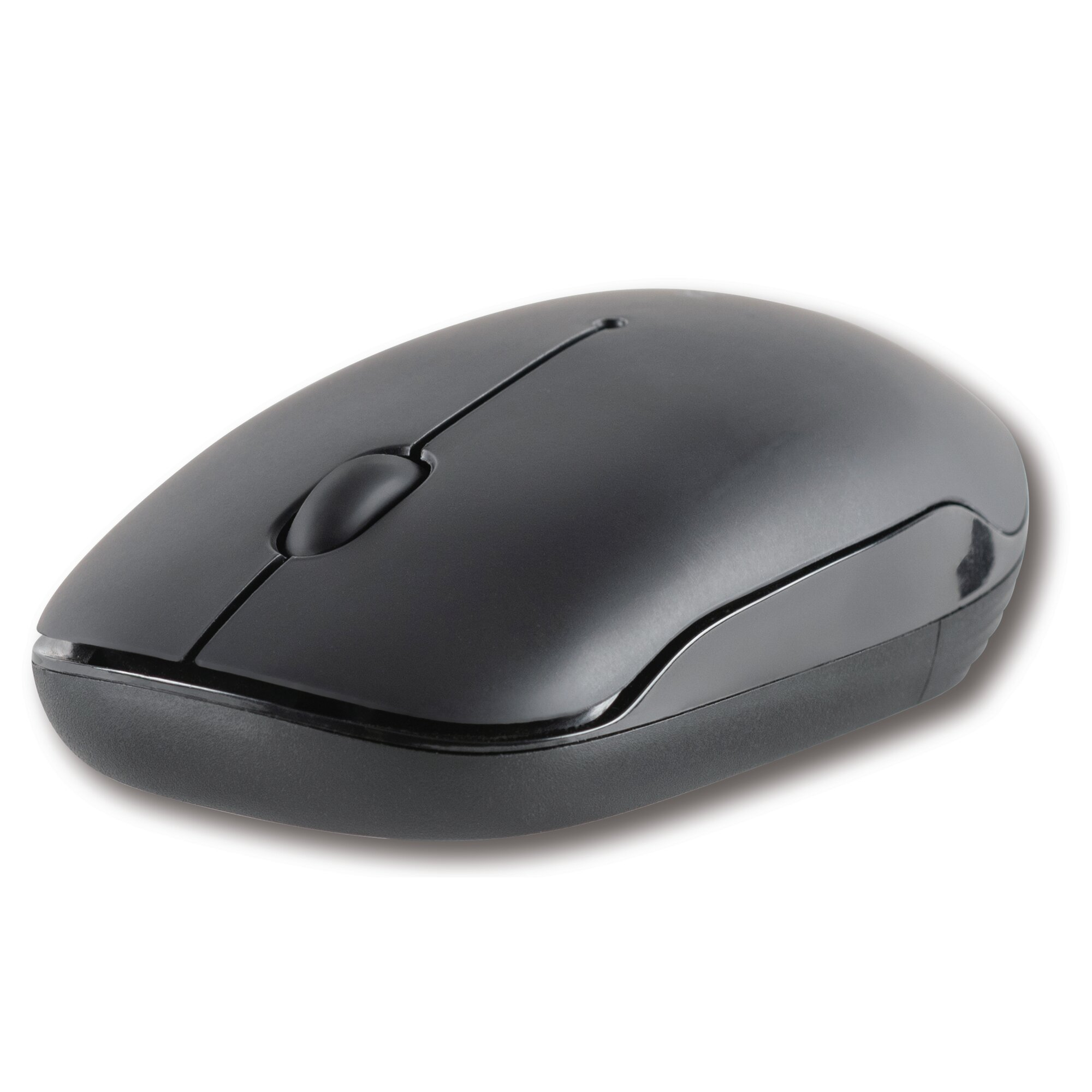 A black wireless computer mouse emitter rests on a white background.