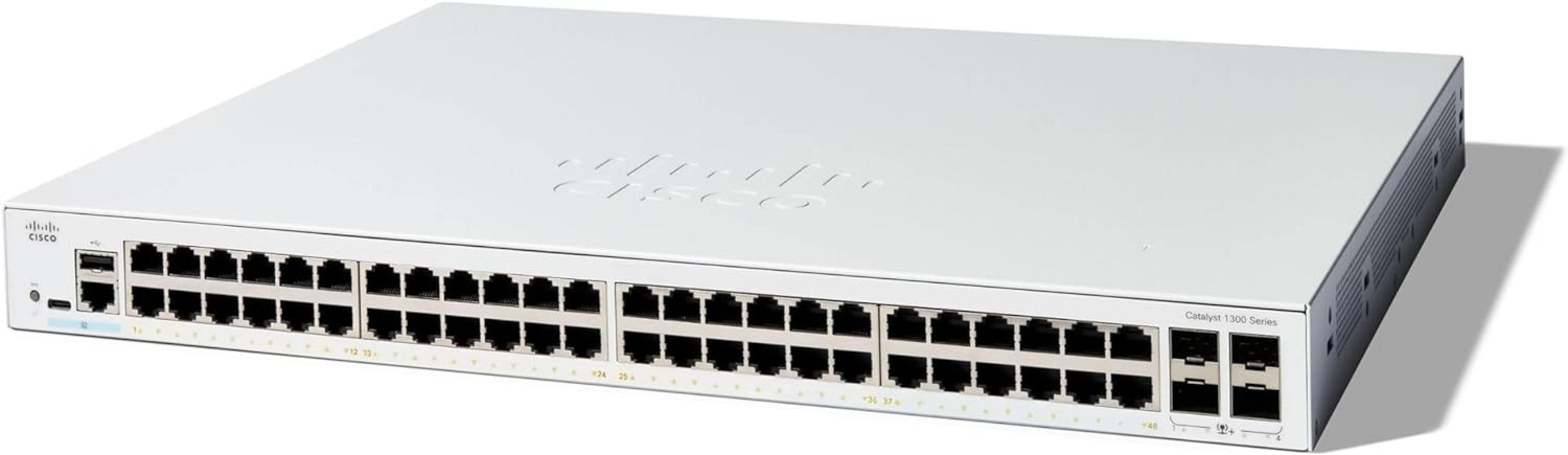 Biały przełącznik Cisco Catalyst 1300 Series z 48 portami.