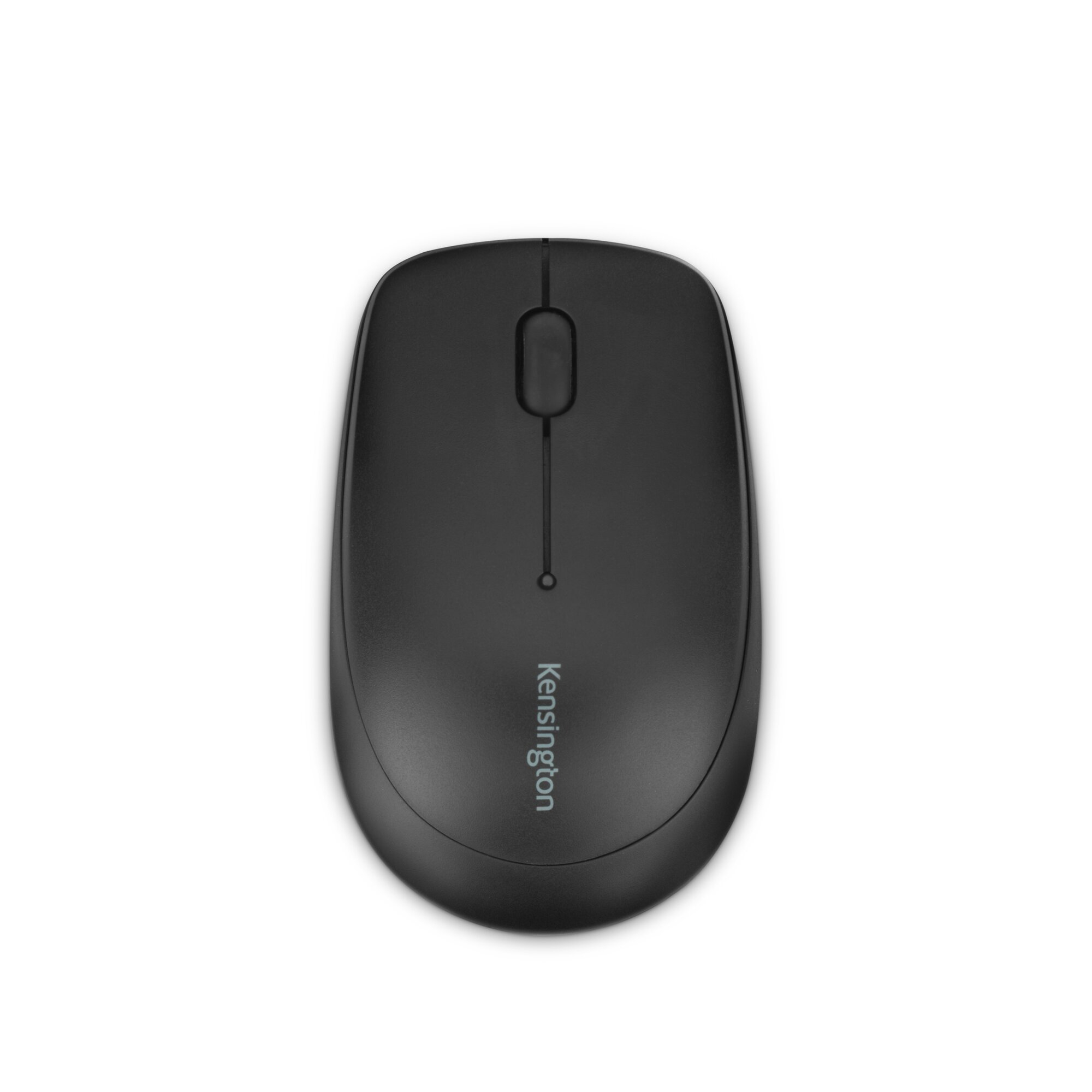 Black computer mouse with scroll wheel and Kensington logo on a white background.