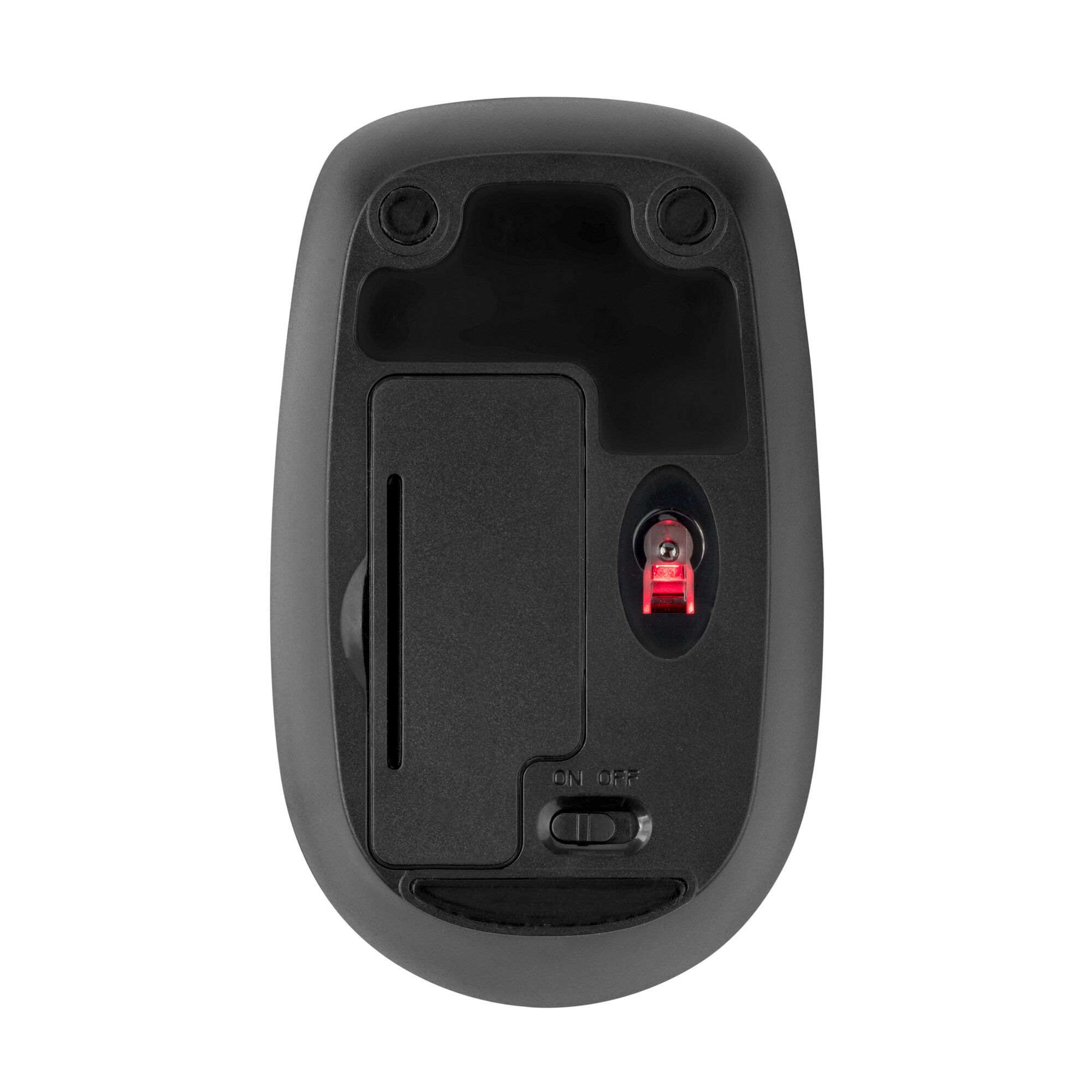 Underside of a black mouse with a red optical sensor and on/off switch.
