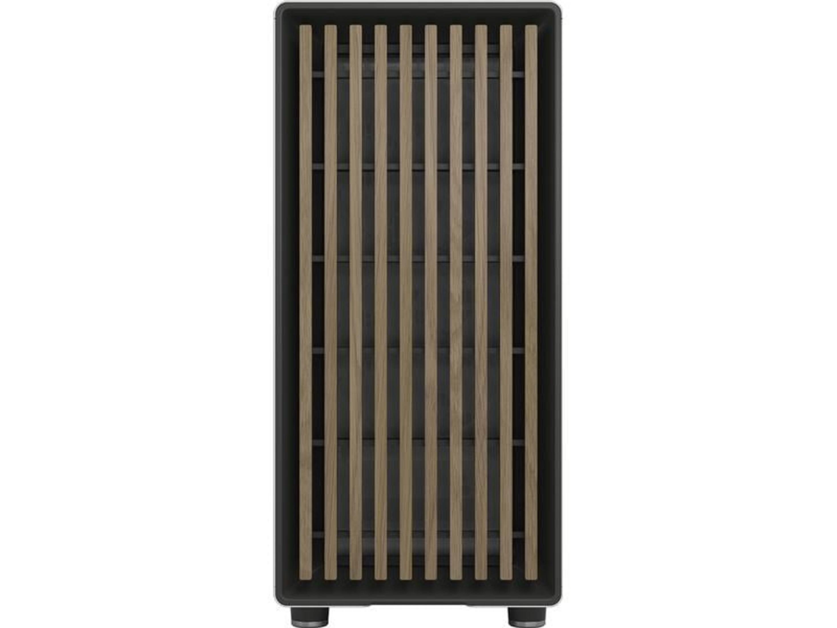 A tall, narrow black cabinet with a slatted wood door and four shelves.