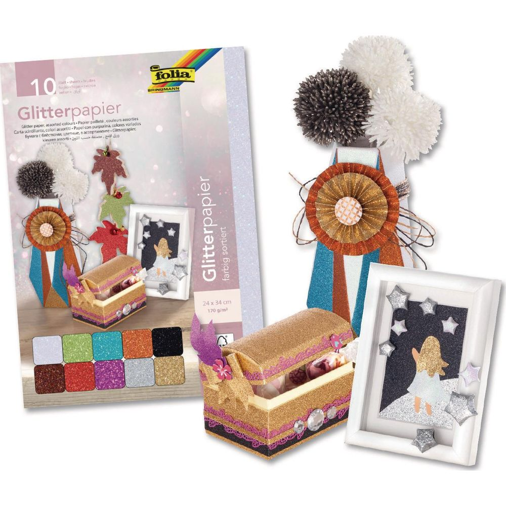 Glitzerpapier-Set mit Bastelarbeiten: Schatzkiste, Bild, Rosetten, Pompoms.