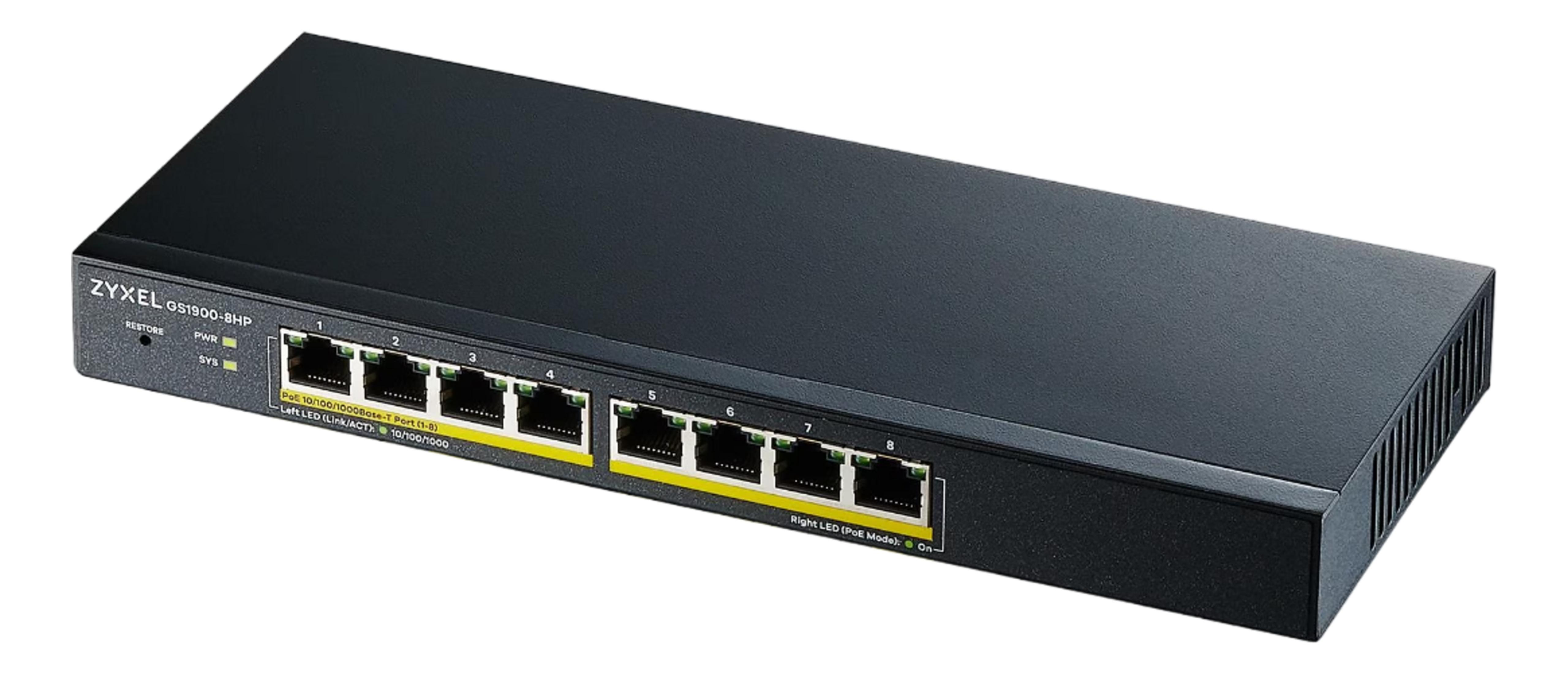Czarny przełącznik sieciowy Zyxel GS1900-8HP z 8 portami.