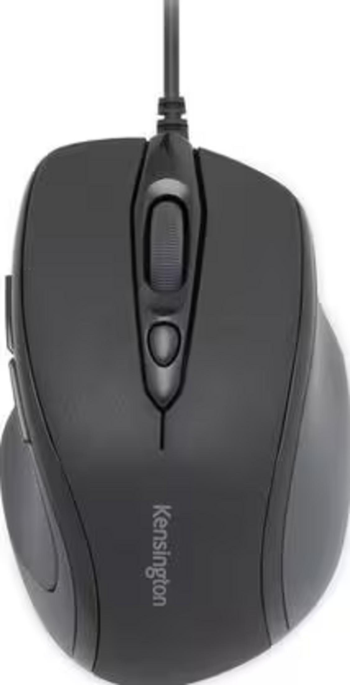 Schwarze Kensington-Computermaus mit Scrollrad und Kabel.