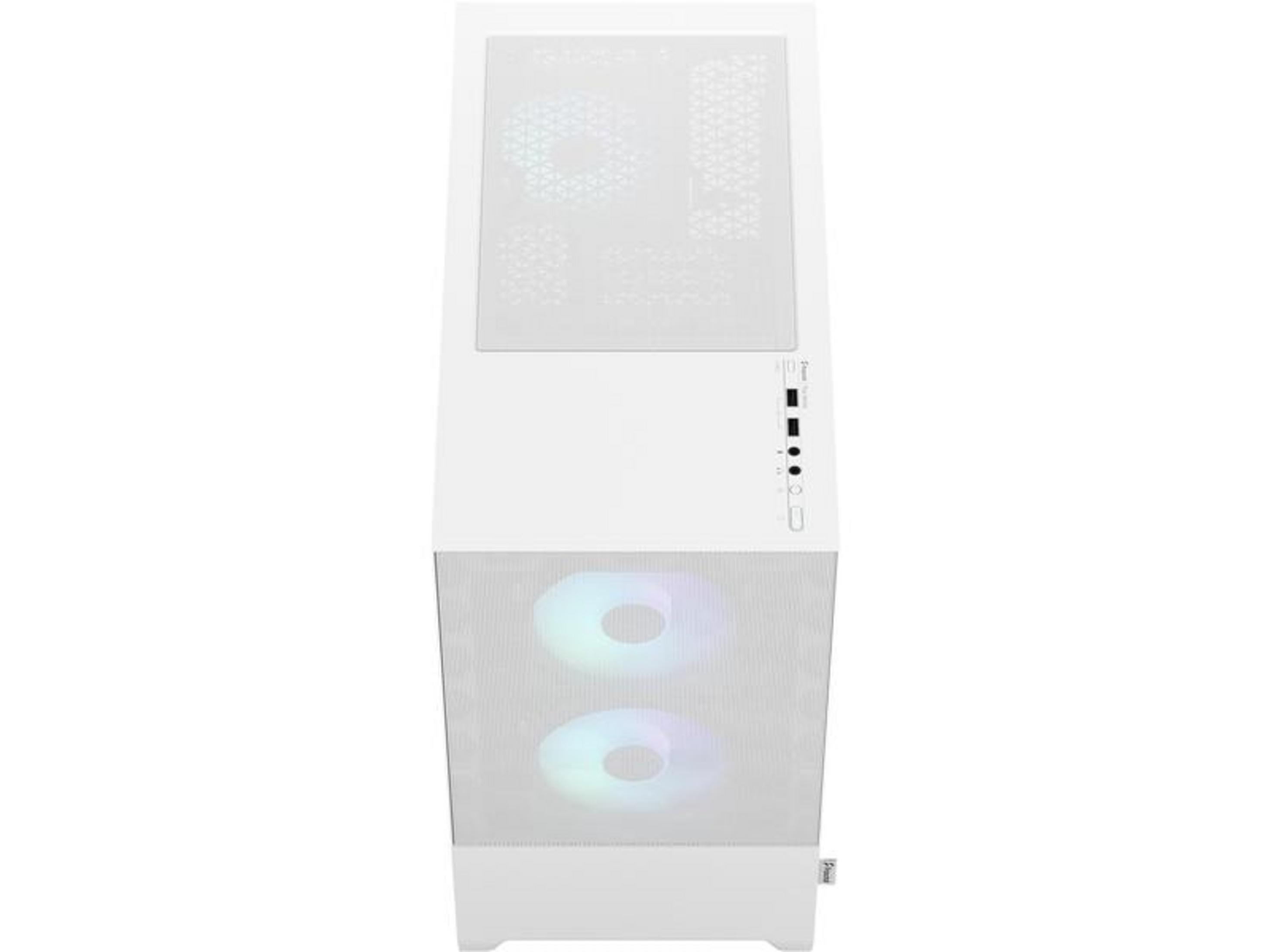 Ein weißes Computergehäuse mit Lüftern und Ladeanschlüssen.