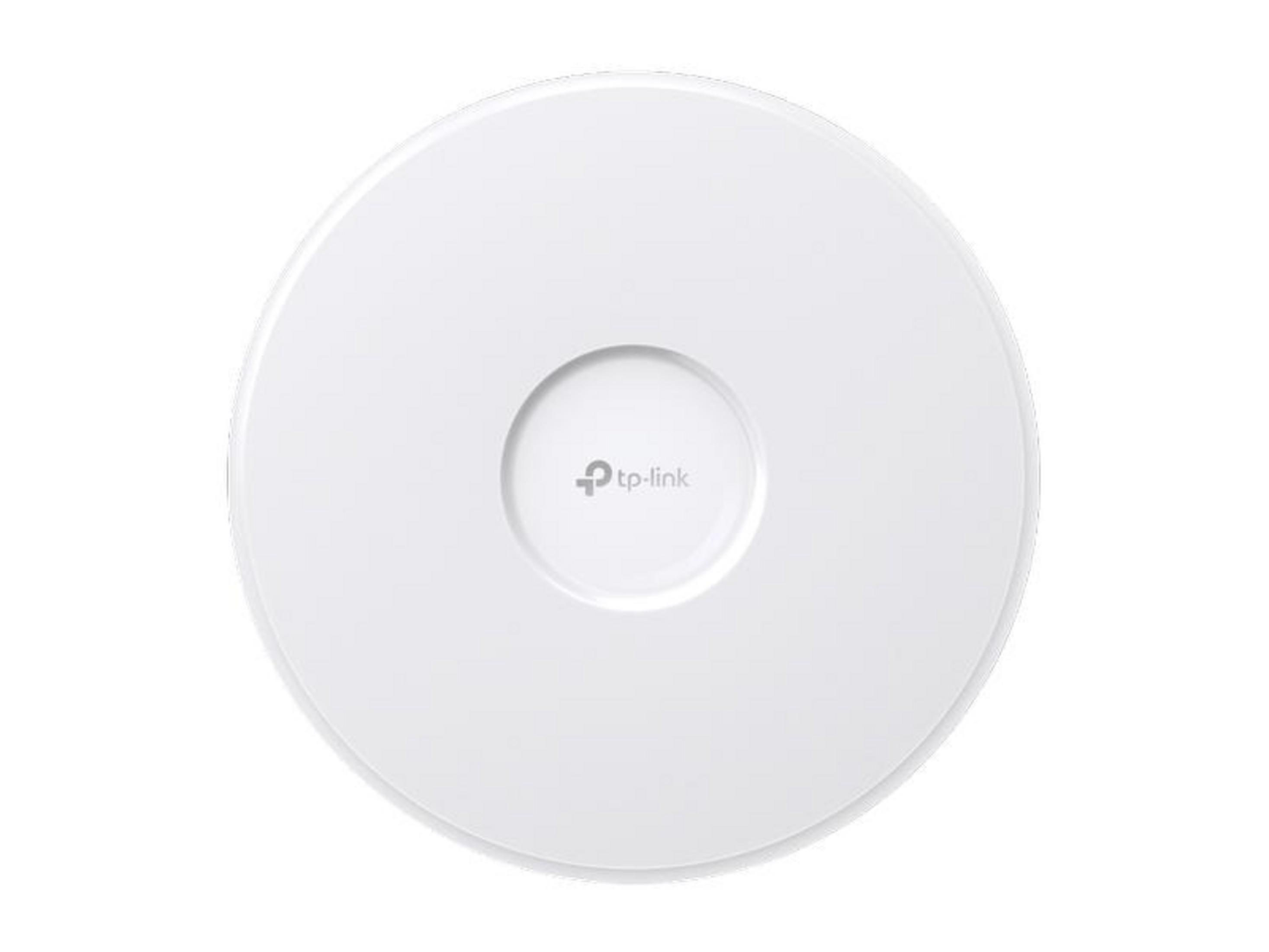 Biały, okrągły punkt dostępowy TP-Link na białym tle.