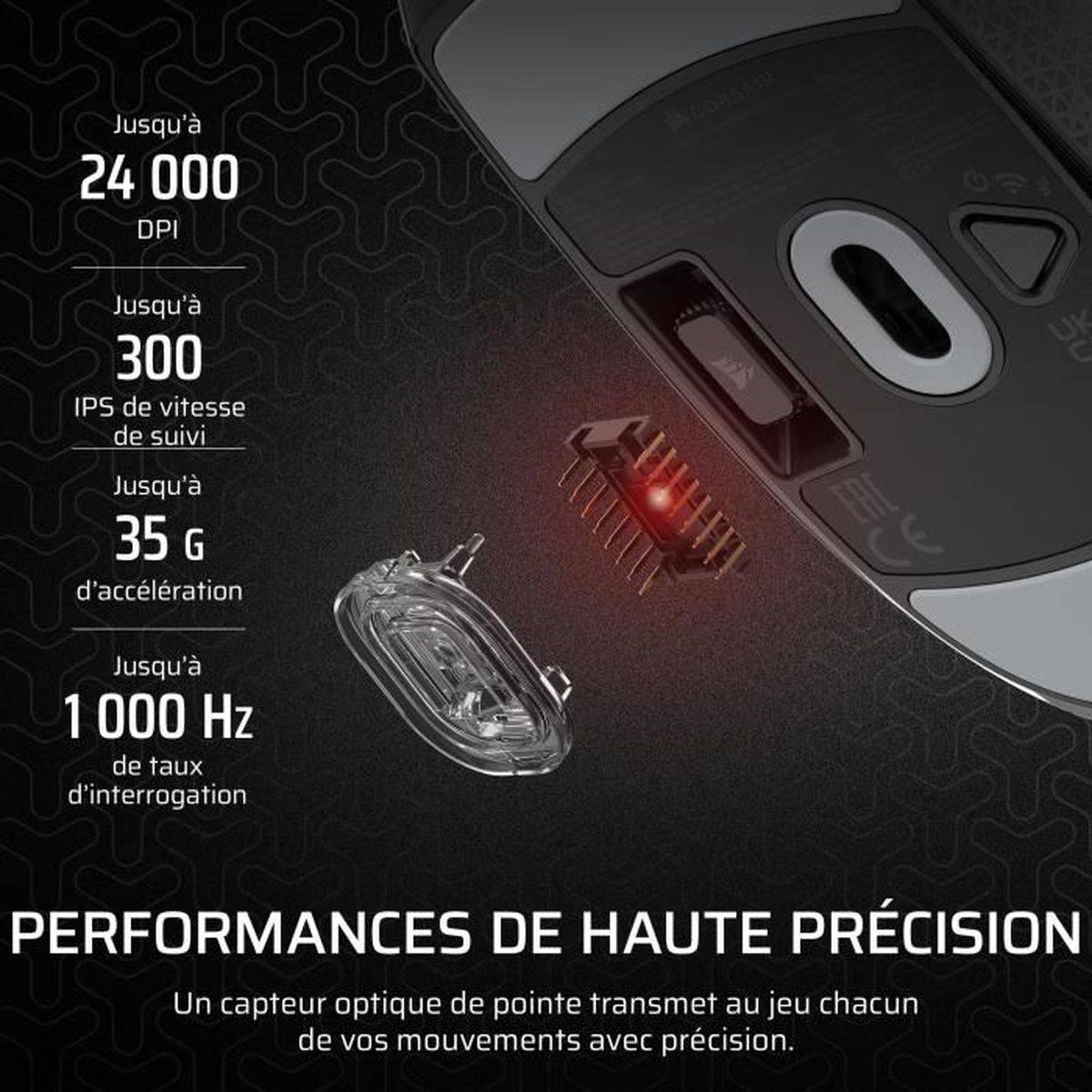 Sensor myszy gamingowej: 24K DPI, 300 IPS, przyspieszenie 35G, 1000 Hz.