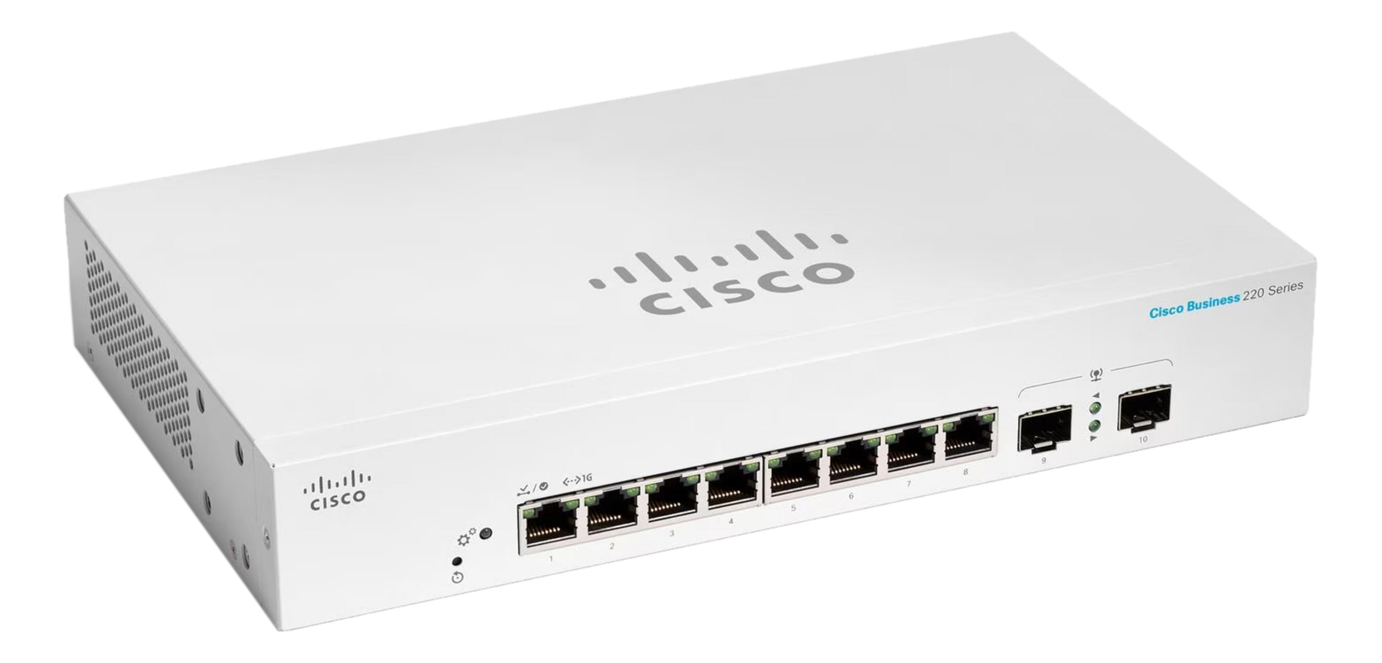 Biały przełącznik Cisco Business 220 Series z 10 portami.