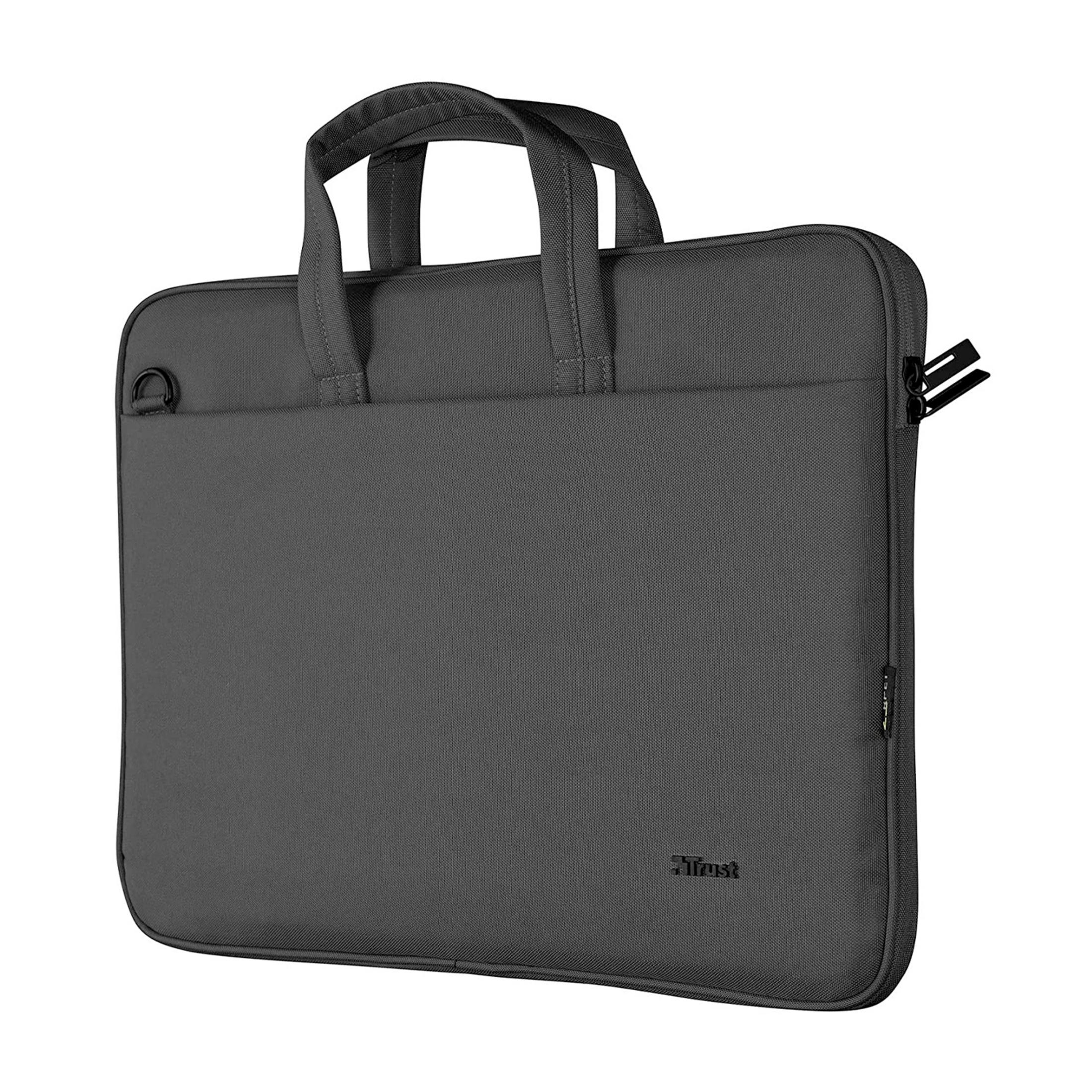 A dark gray laptop bag with two handles and a zipper closure.
