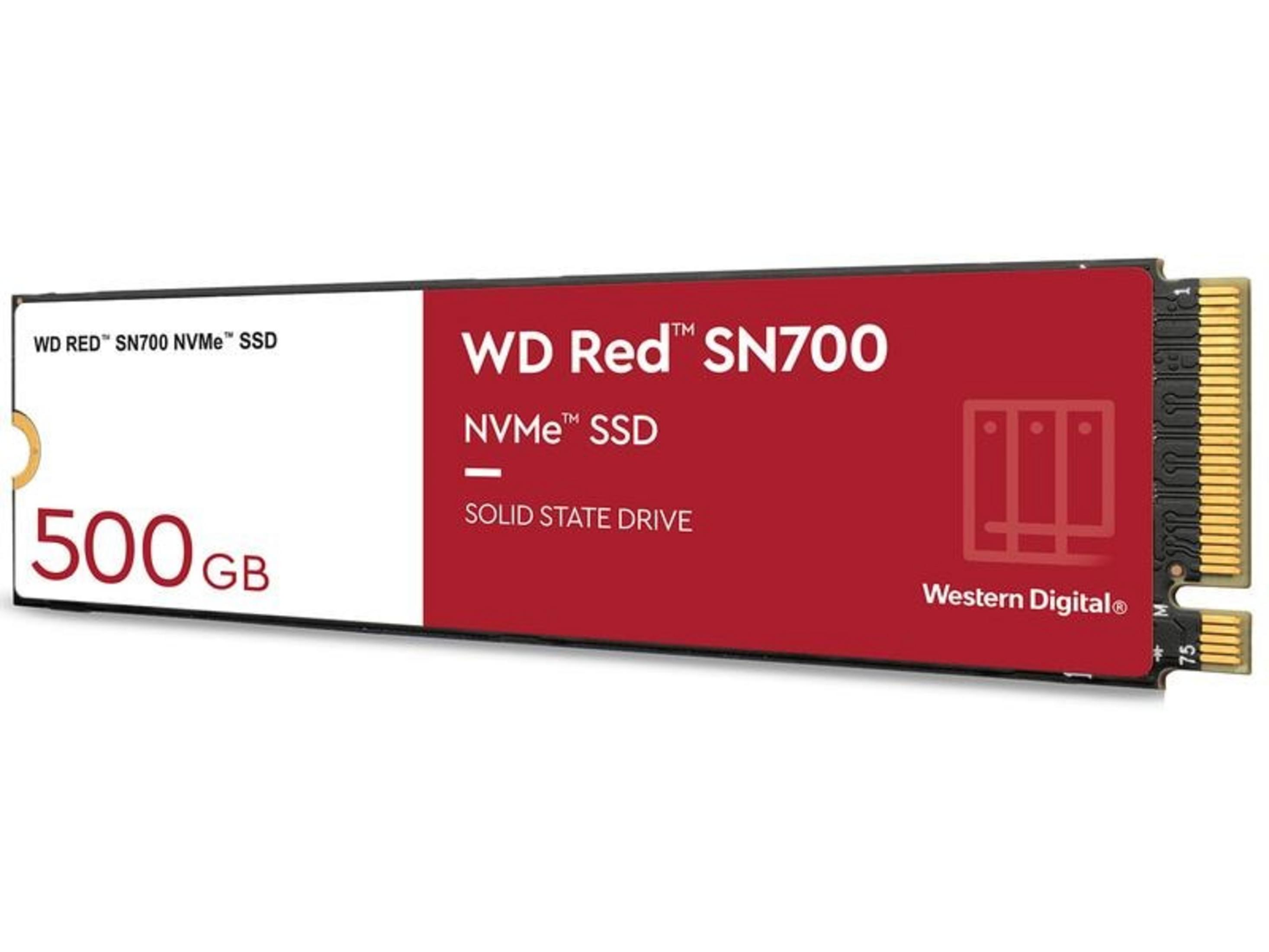 Dysk SSD WD Red SN700 NVMe, 500 GB, ze złotymi złączami.