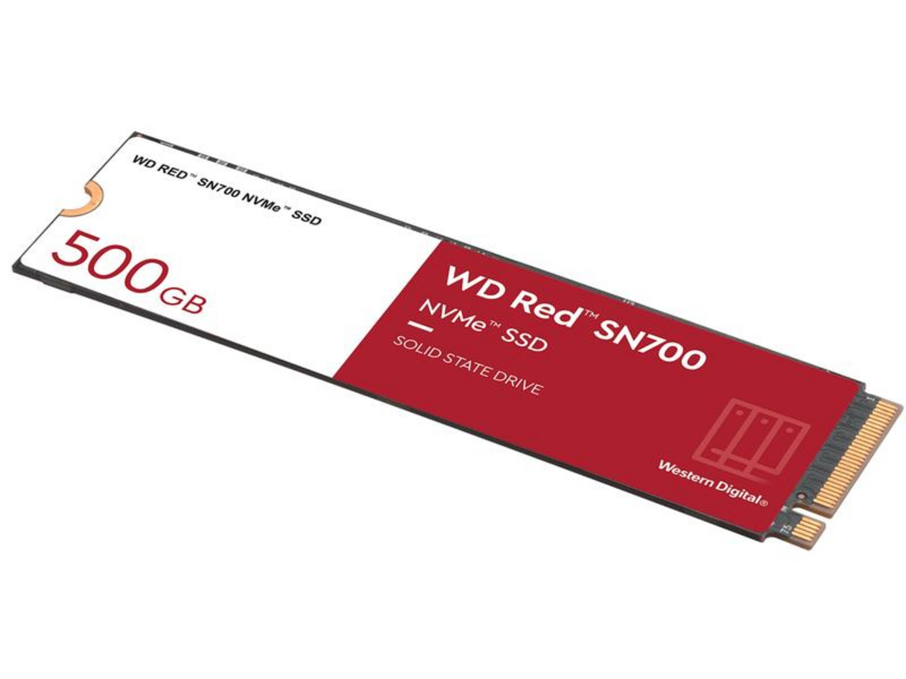 Dysk SSD WD Red SN700 500GB NVMe z czerwoną etykietą i złotymi złączami.
