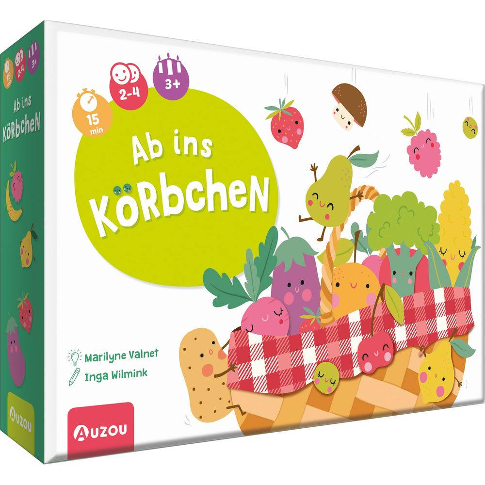 Scatola gioco colorata con frutta e verdura cartone animato seduti in un cesto.