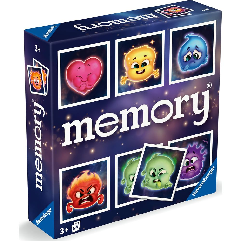 Caja del juego Ravensburger Memory con cartas y figuras coloridas sobre fondo oscuro.