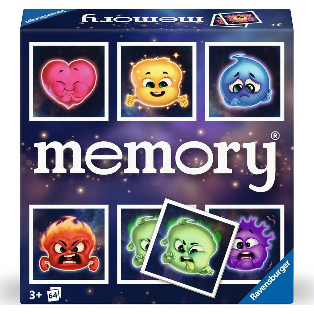 Caja del juego Ravensburger Memory con 6 personajes de dibujos animados: corazón, sol, nube, fuego, fantasma y alien.