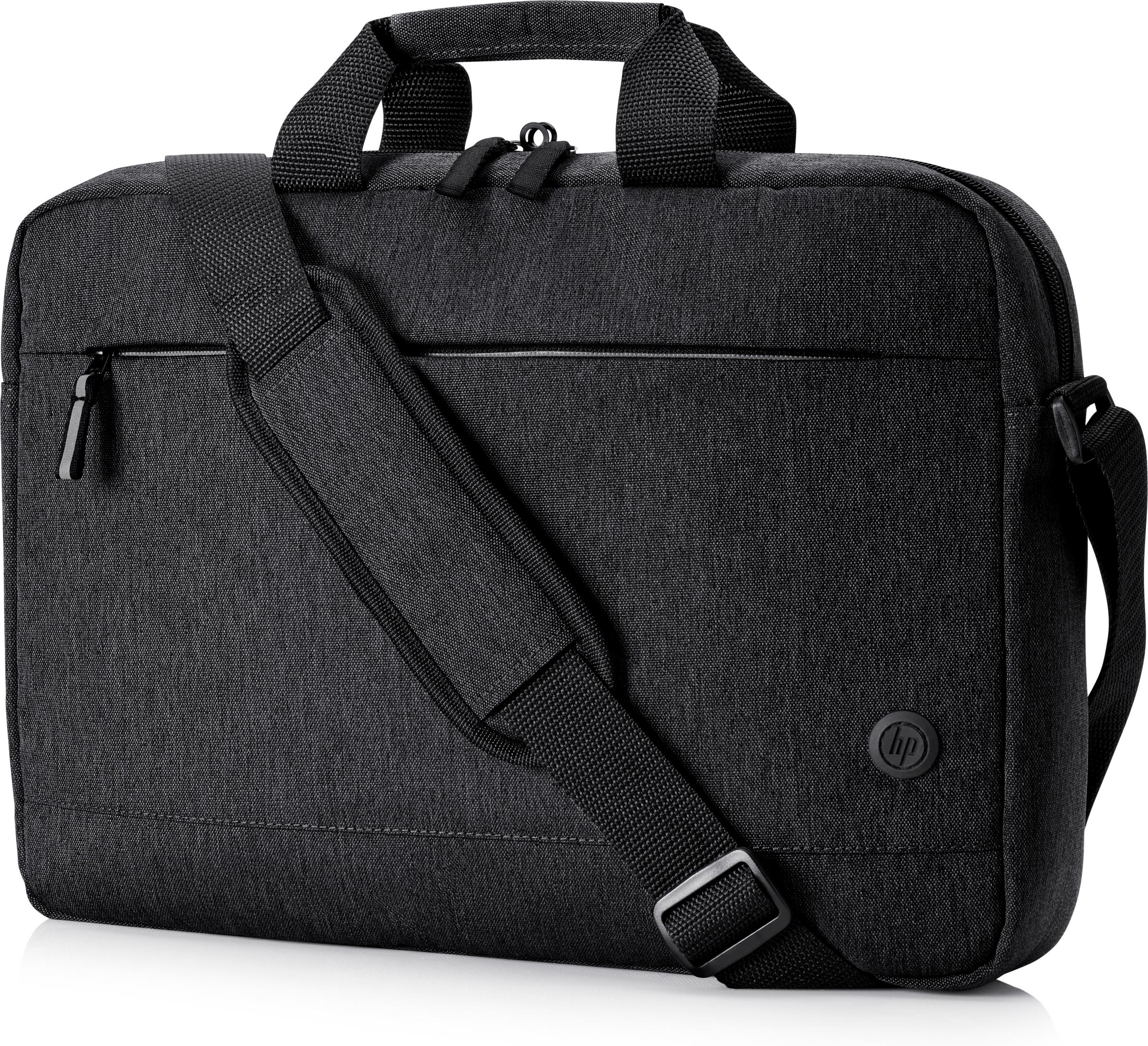 HP logolu, omuz askılı siyah laptop çantası.