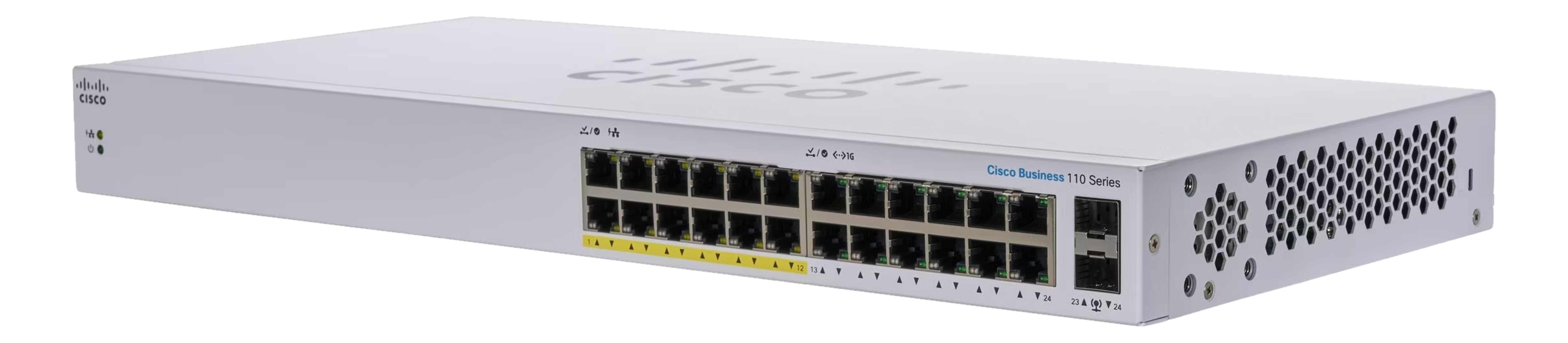 Biały przełącznik sieciowy Cisco Business 110 Series z 24 portami.